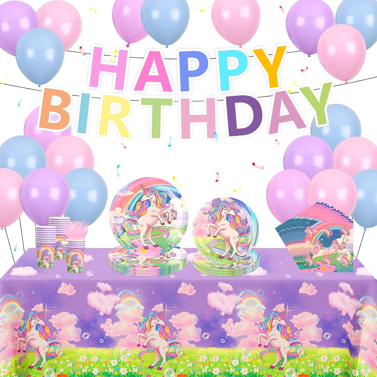 134Pcs Unicorn Party Supplies Cute Decorations for Birthday, Unique Theme Party Favors Including Banner, Plates, Cups, Napkins, Baloon and Tablecloth for 24 Guests