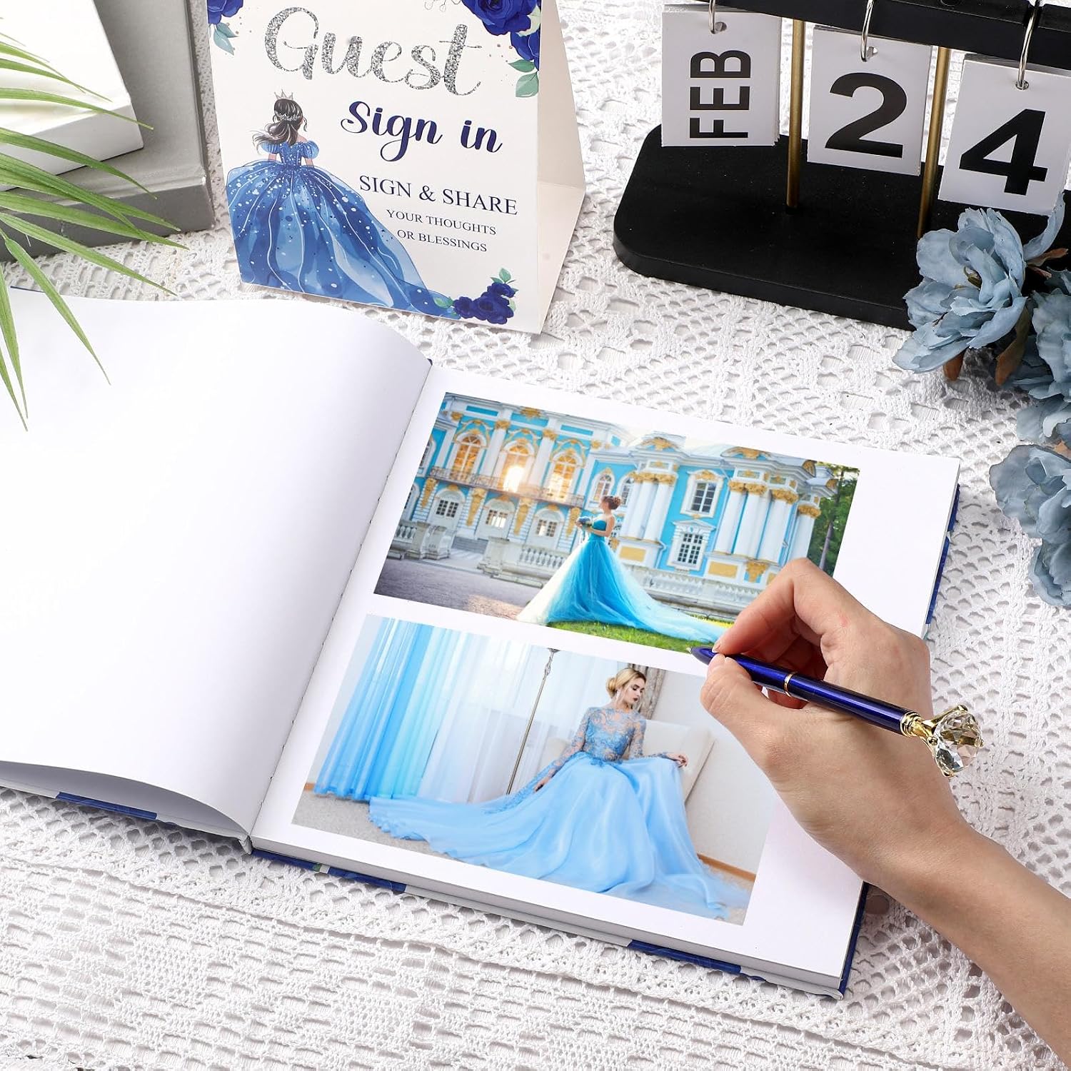 Threehoney 3 Pcs Quinceañera Guest Book Set with Plaque and Pen,Blue