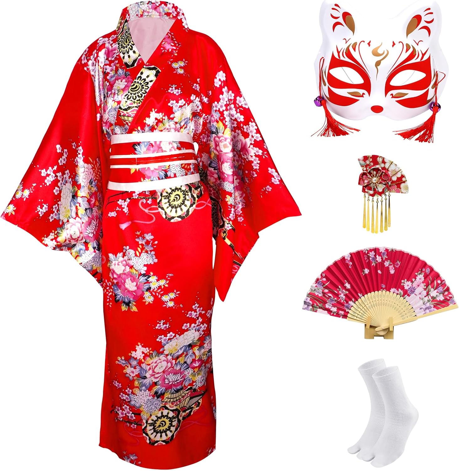 Kimonos for Women Japanese Dress Yukata Geisha Costume Fancy Robe Anime Cosplay Maid Outfit Mask Hand Fan Socks Set