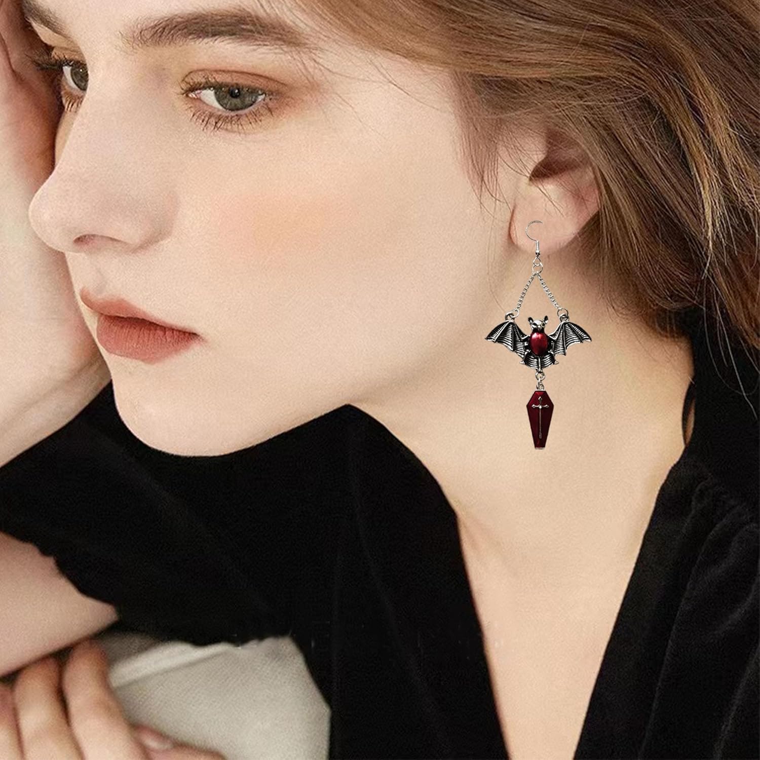 Gothic Bat Earrings for Women Spooky Punk Coffin Cross Magic Mirror Dangle Earrings Halloween Jewelry - Image 3