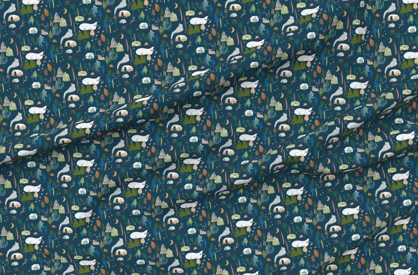 Spoonflower Fabric - Camper Navy Camping Tent Hiking Mountain Forest Trees Lake Summer Printed on Petal Signature Cotton Fabric Fat Quarter - Sewing Quilting Apparel Crafts Decor