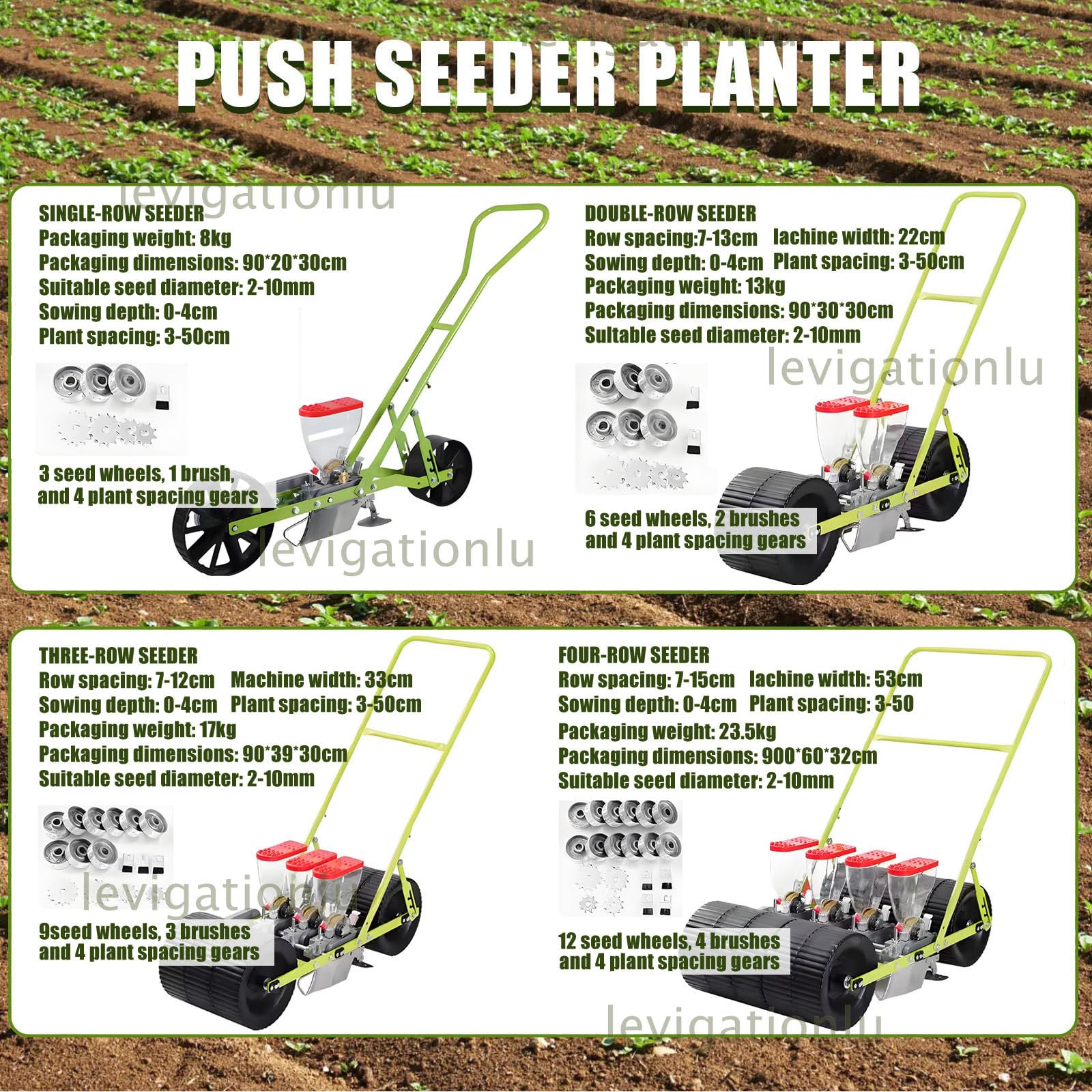 Sembradora Manual De Precisión - Esparcidor De Semillas con Ruedas para Maíz Y Hortalizas, con Espaciamiento Entre Hileras, Distancia Entre Plantas Y Profundidad Ajustables 1Row