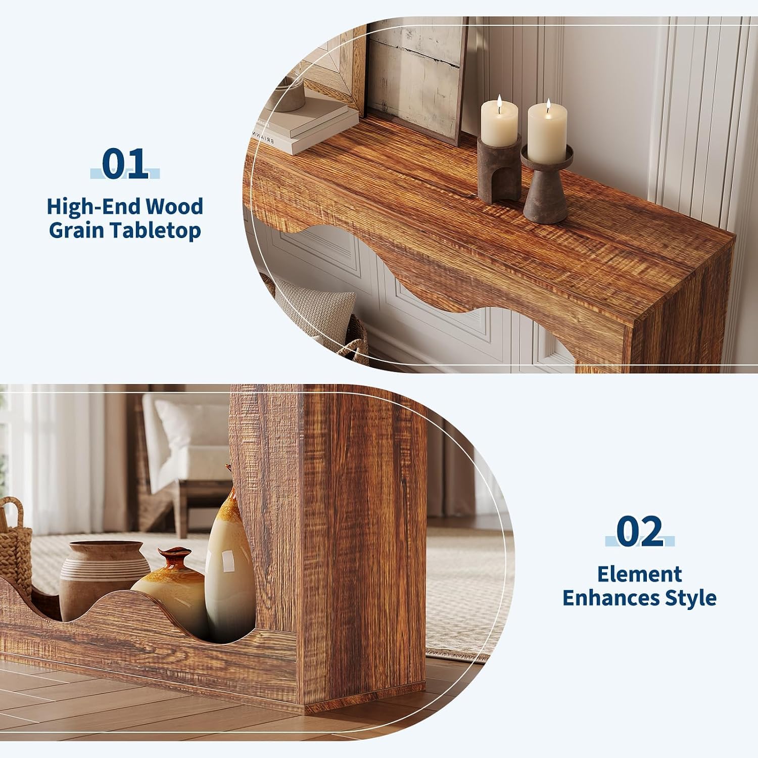 Close-up of the Garvee console table's wood grain and scalloped edge design