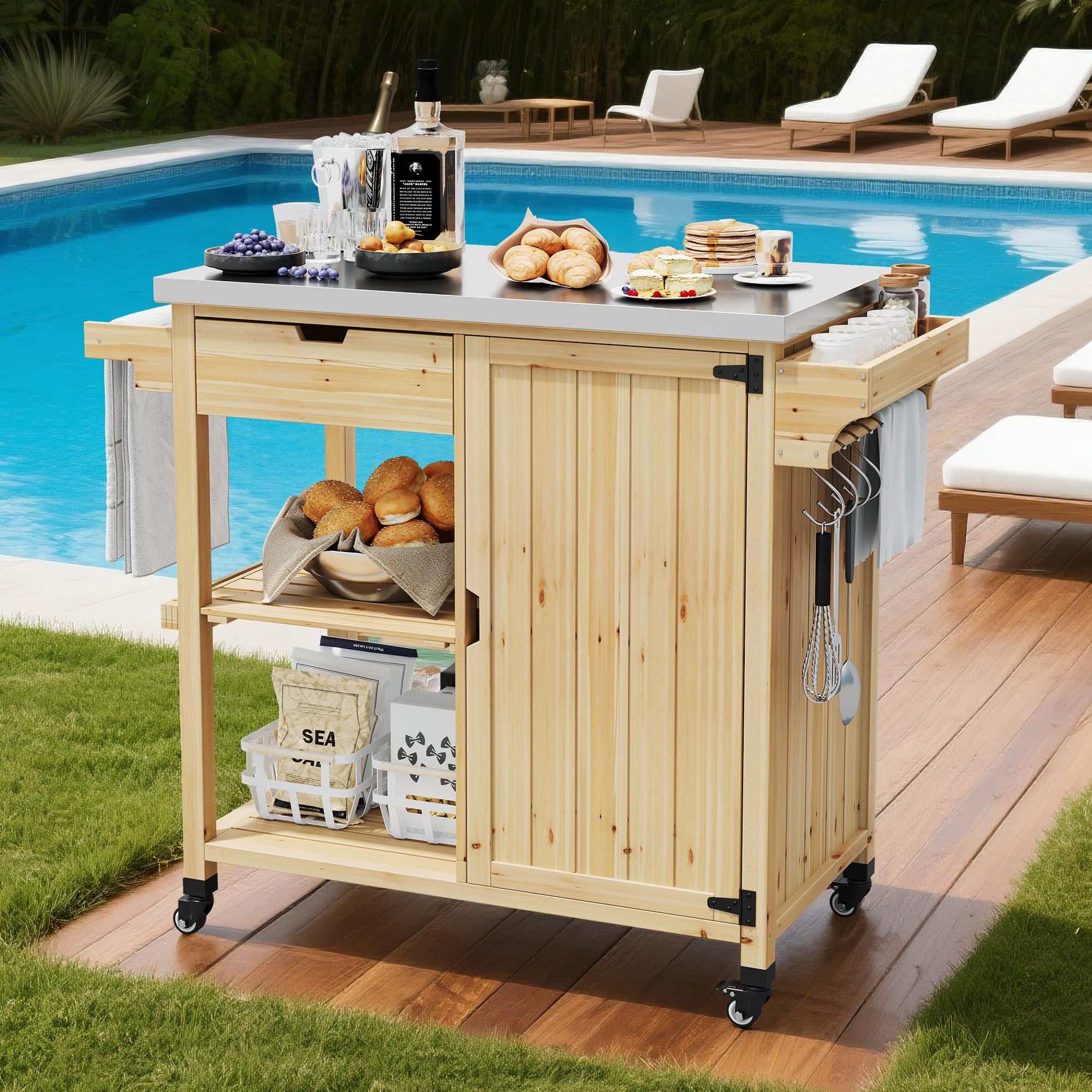 Garvee Chariot de Barbecue supplémentaireérieur Professionnel – Plan de Travail INOX, Armoire de Rangement, tiroir, étagères Ouvertes, Porte-épices, roulettes – Îlot Mobile et Table d’appoint pour