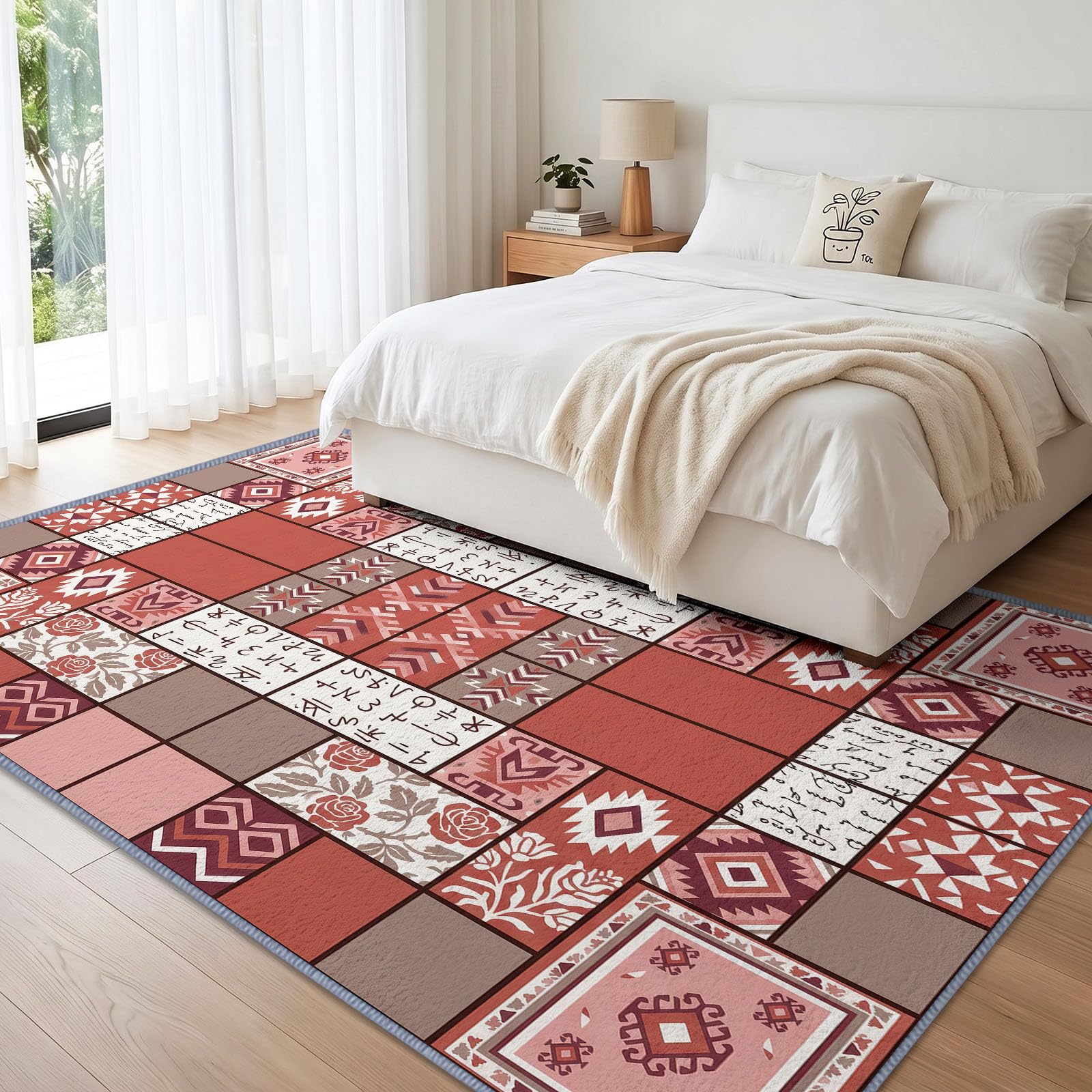 Carrés Motif Tapis Salon Antidérapant Lavable en Machine 120x170cm