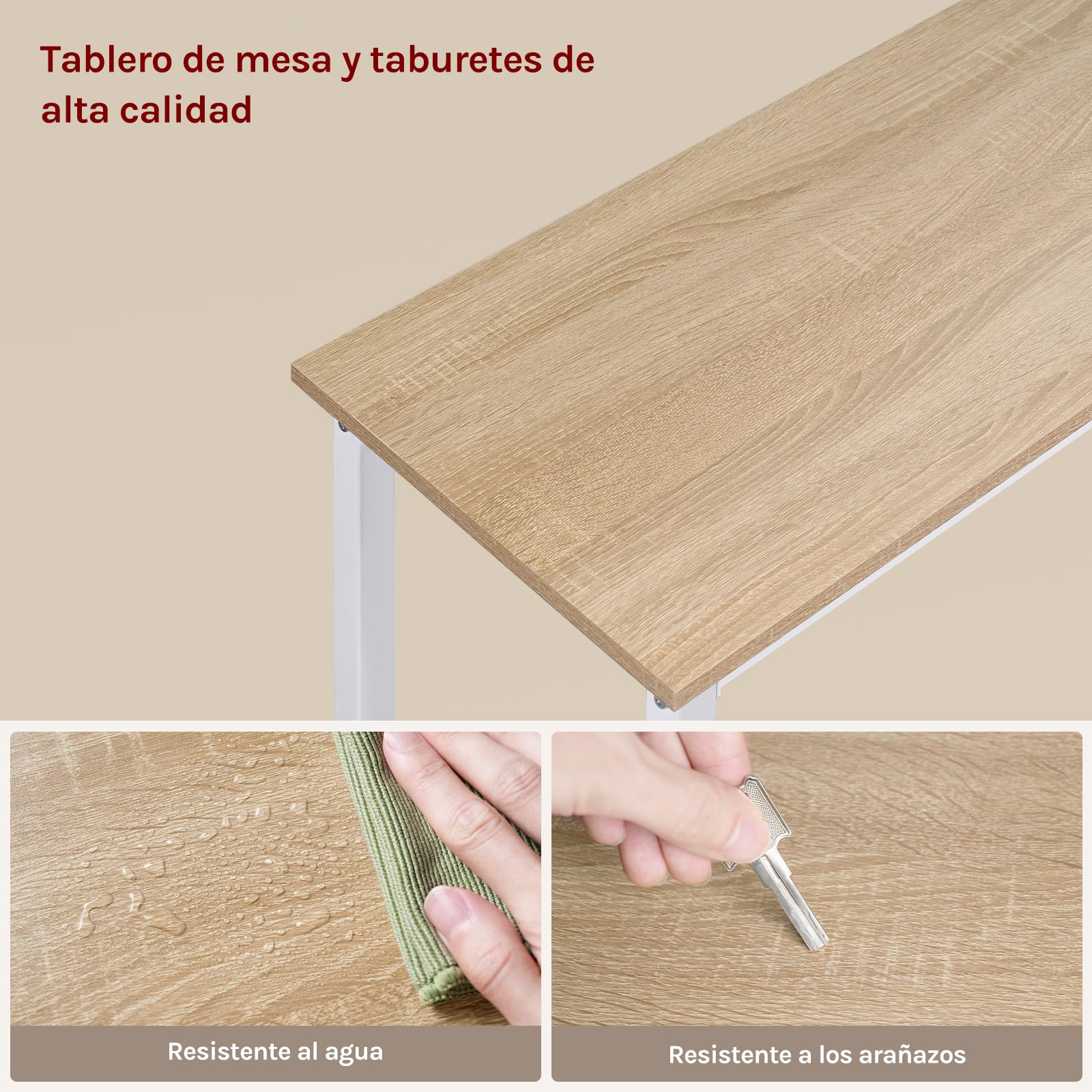 WOLTU Set Mesa de Bar y 2 Taburetes, Muebles de Bistro de Comedor para Salon, Barra Cocina con Estructura de Metal, 120x40x100cm, Blanco + Roble Claro