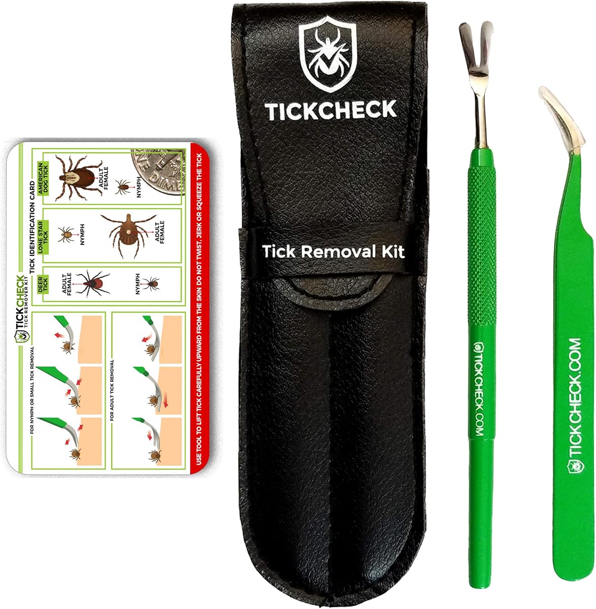 TickCheck Premium Tick Remover Kit (Stainless Steel Tick Remover with Tweezers, Leather Case and Pocket Tick Identification Card)