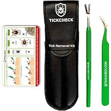 TickCheck Premium Tick Remover Kit - Stainless Steel Tick Remover + Tweezers, Leather Case, and Free Pocket Tick Identification Card 2 Sets