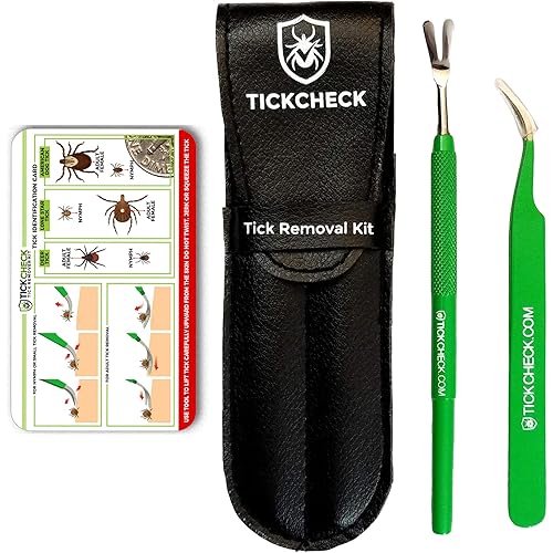 Premium Tick Remover Kit - Stainless Steel Tick Remover + Tweezers, Leather Case, and Free Pocket Tick Identification Card (1)