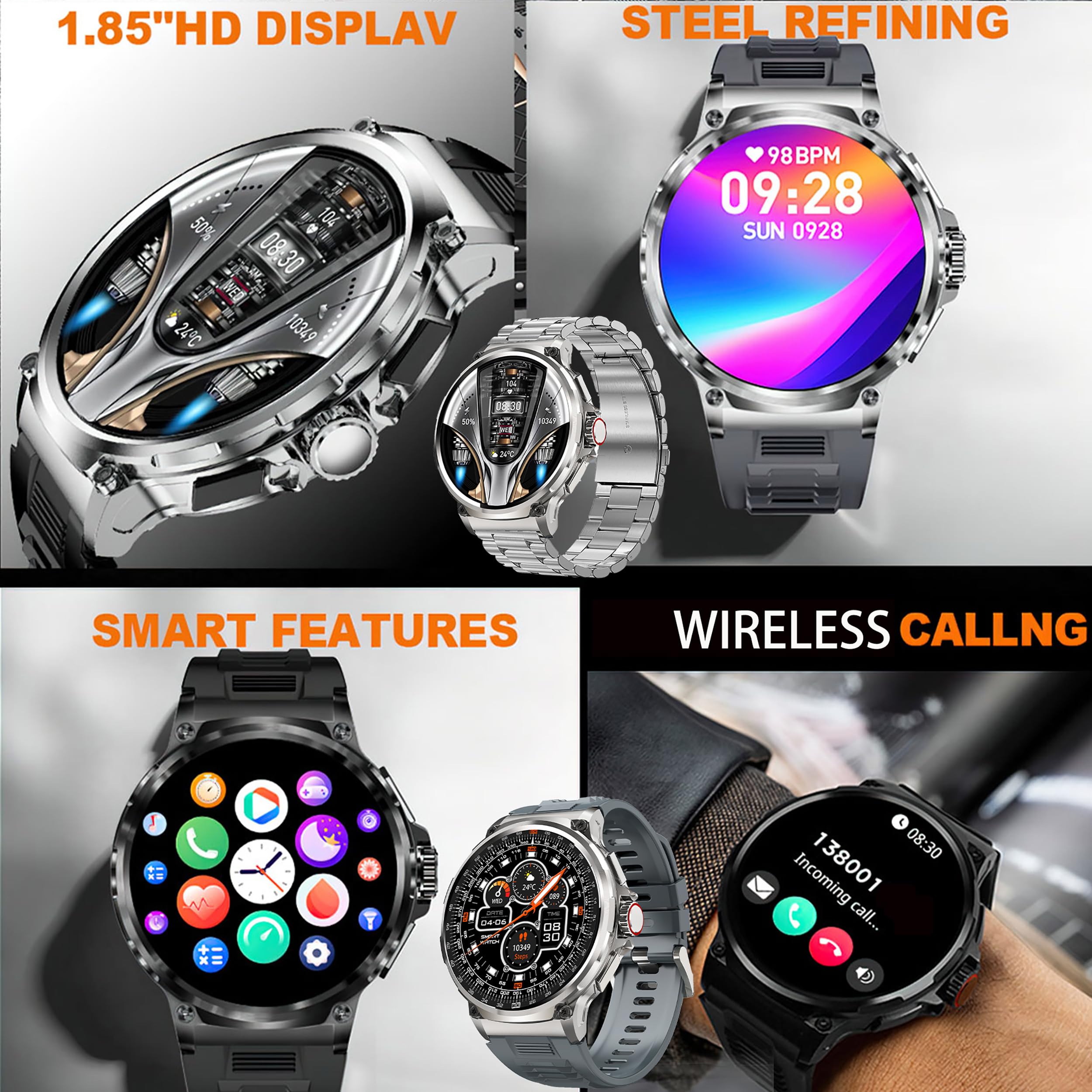 1,85'' AMOLED Smartwatch Uomo con Chiamate Bluetooth, 2025 Nuovo Orologio Fitness con 24/7 Monitor Temperatura Corporea Sonno e Cardiofrequenzimetro, SpO2, Orologio Sportivo 3ATM iOS Android (Argento)