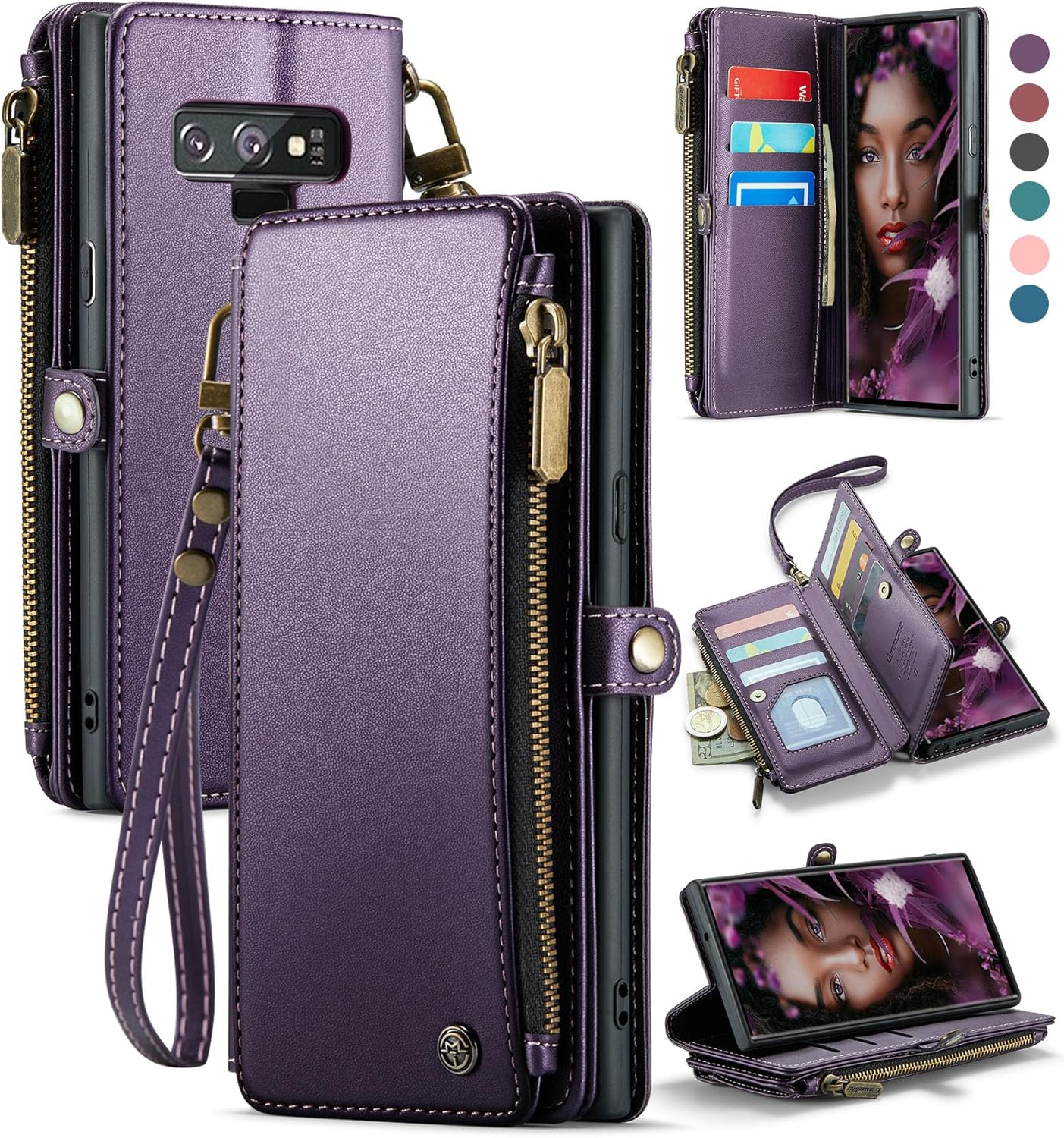 Defencase Compatible with Galaxy Note 9 Case Wallet with RFID Blocking Card Holder for Women Men, PU Leather Magnetic Snap Flip Zipper Strap Phone Case Fit for Samsung Galaxy Note 9, Purple