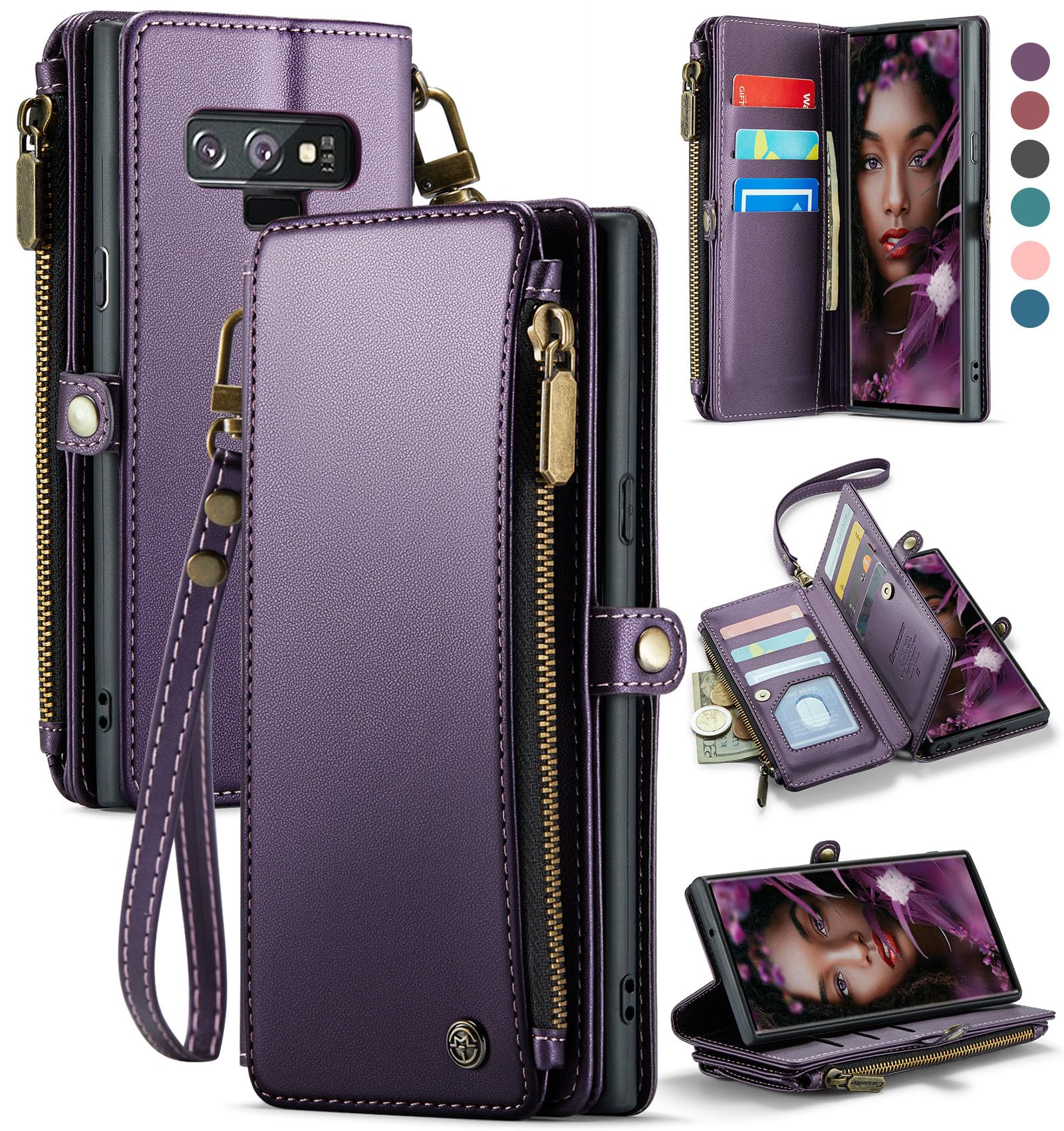 Defencase Compatible with Galaxy Note 9 Case Wallet with RFID Blocking Card Holder for Women Men, PU Leather Magnetic Snap Flip Zipper Strap Phone
