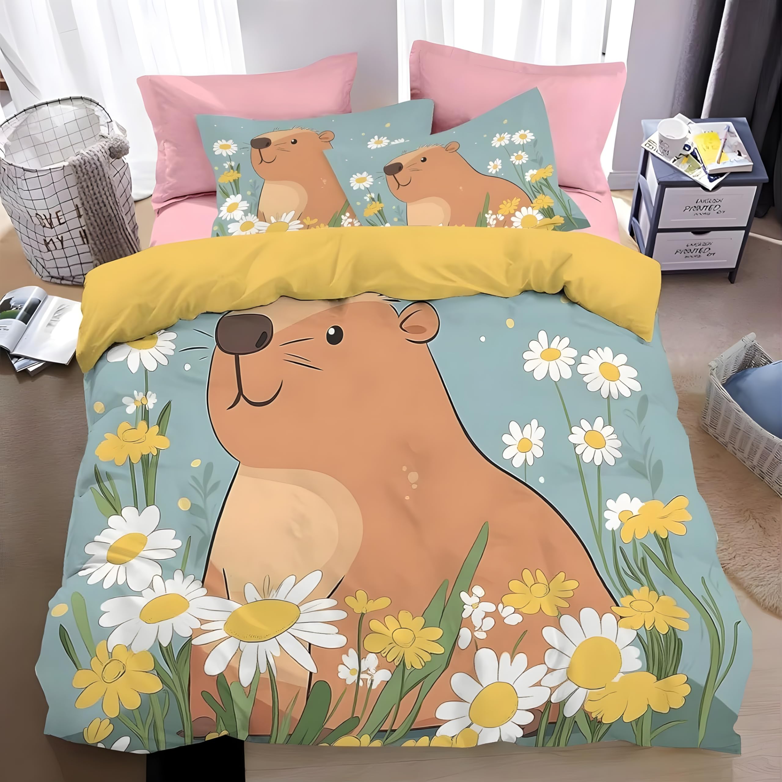 Housse de couette 220x240 capybara avec taies d'oreiller en microfibre pour lit 2 personnes