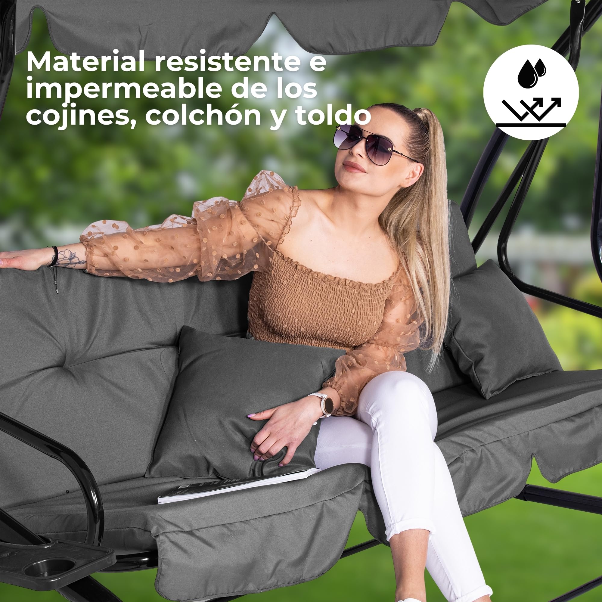 SPRINGOS Columpio de jardín de 4 plazas, 220 x 162 cm, con 2 cojines, soporte para bebidas y función reclinable, resistente a la intemperie para jardín, balcón y terraza