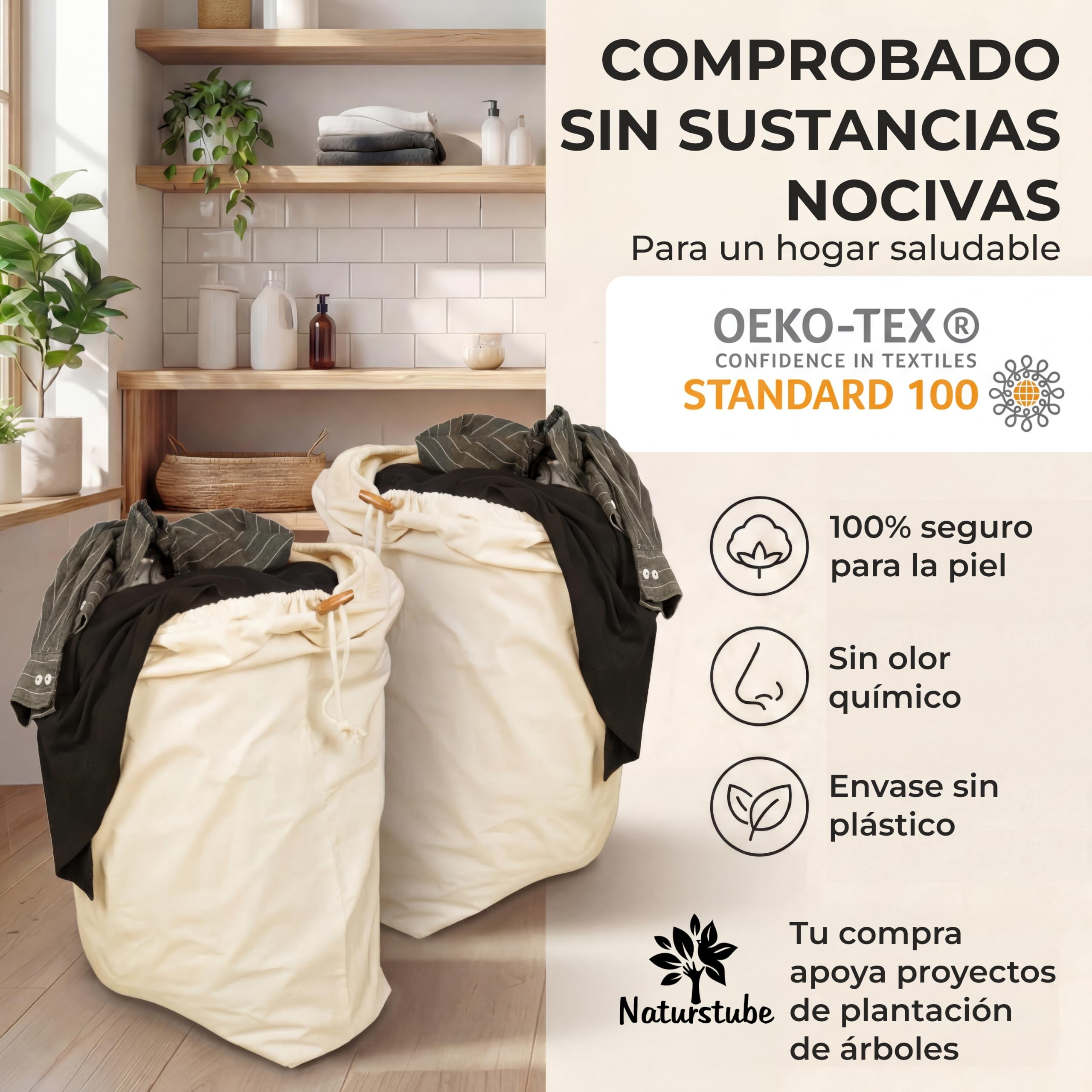 Bolsa Ropa Sucia, 2 Unidades 50 x 70 cm – Saco Ropa Sucia Resistente 45l, 100% Algodón [Certificado Öko-Tex], Bolsa Lavandería, Saco Tela Grande, Laundry Bag, Saco Tela Viaje