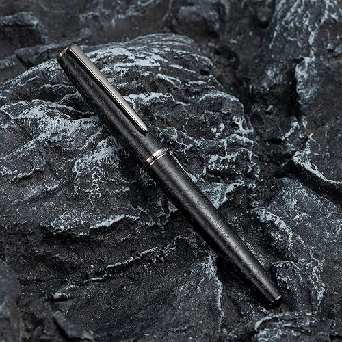 Miniatura 9 de Hongdian - Pluma estilográfica de aluminio rosa A3 diseño de grabado de flor de iridio bolígrafo de escritura consistente con convertidor de tinta y