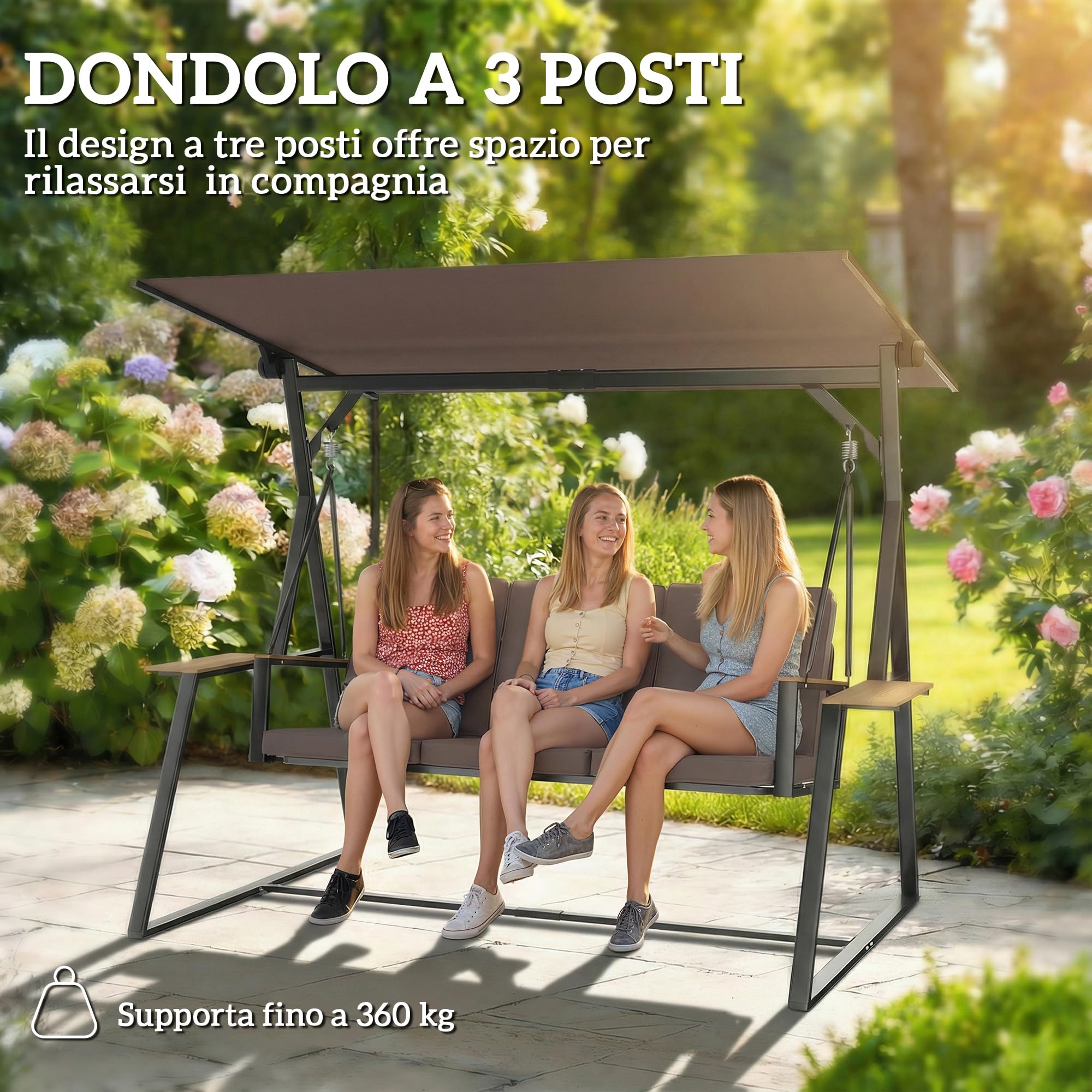 Outsunny Dondolo da Giardino 3 Posti con Tettuccio Regolabile, Dondolo da Esterno in Metallo con 2 Vassoi, Cuscini Imbottiti, Portata 360kg, per Terrazzo Balcone, UV50+, 222x131x175 cm, Marrone