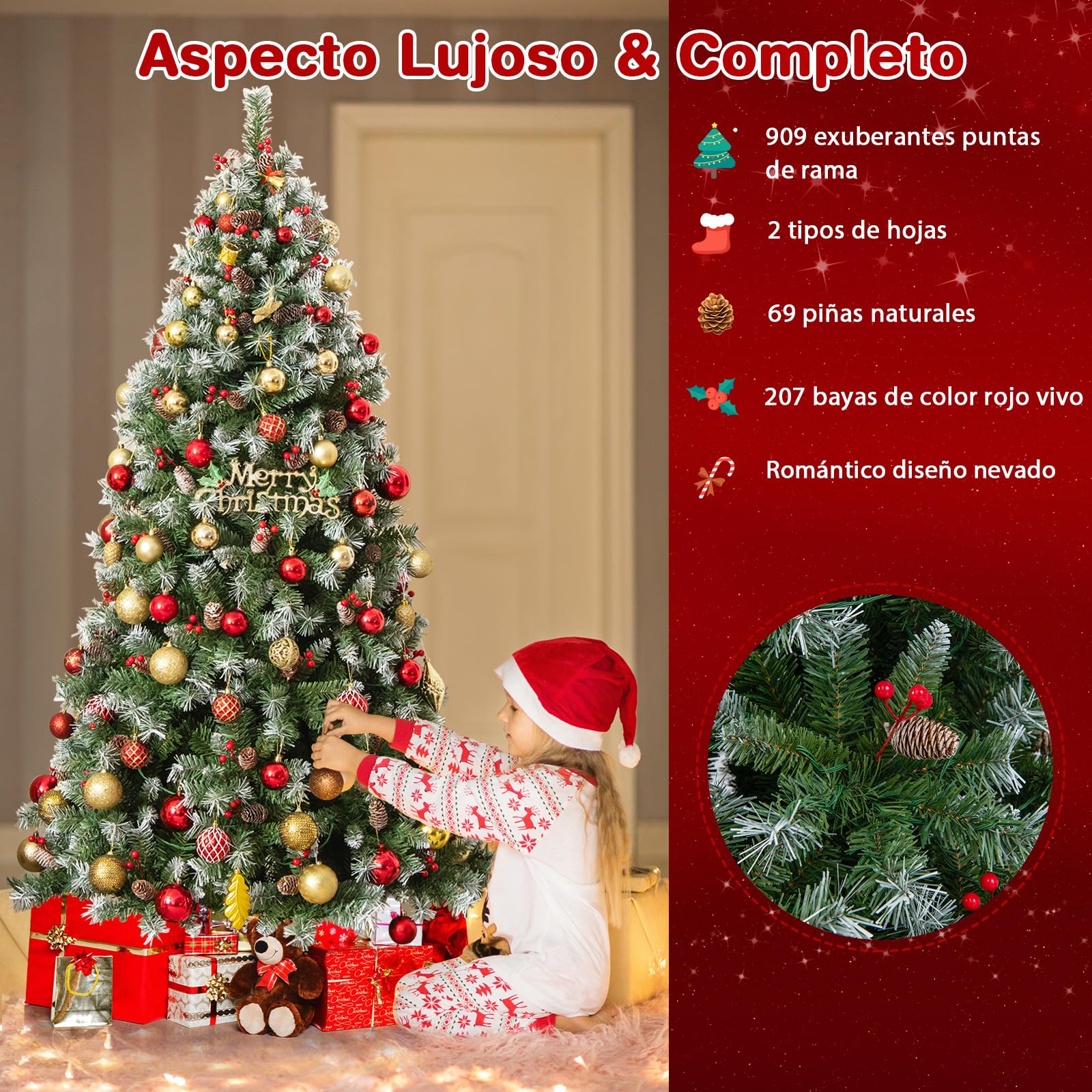 COSTWAY Árbol de Navidad con Luces Incorporadas 195cm, 420 Luces LED Blancas Cálidas, 8 Modos, Arbol de Navidad Decorado, Nieve, 69 Pinos, 207 Bayas Rojas, 909 Ramas de PVC (195cm)