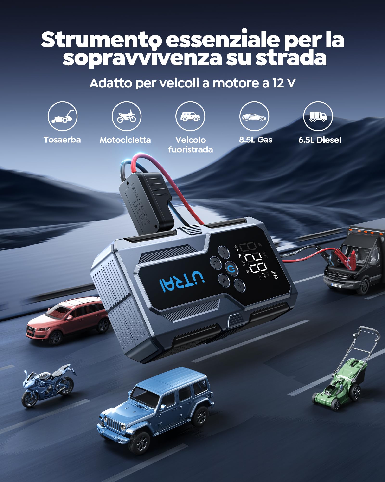 UTRAI 10-IN-1 Avviatore Batteria Auto con Compressore 150PSI, 7000A Booster Avviamento Auto/Moto per 12V Veicoli a Motore (9.0L Benzina/7.0L Diesel), Avviatore Emergenza con Ricarica Rapida LED Torcia