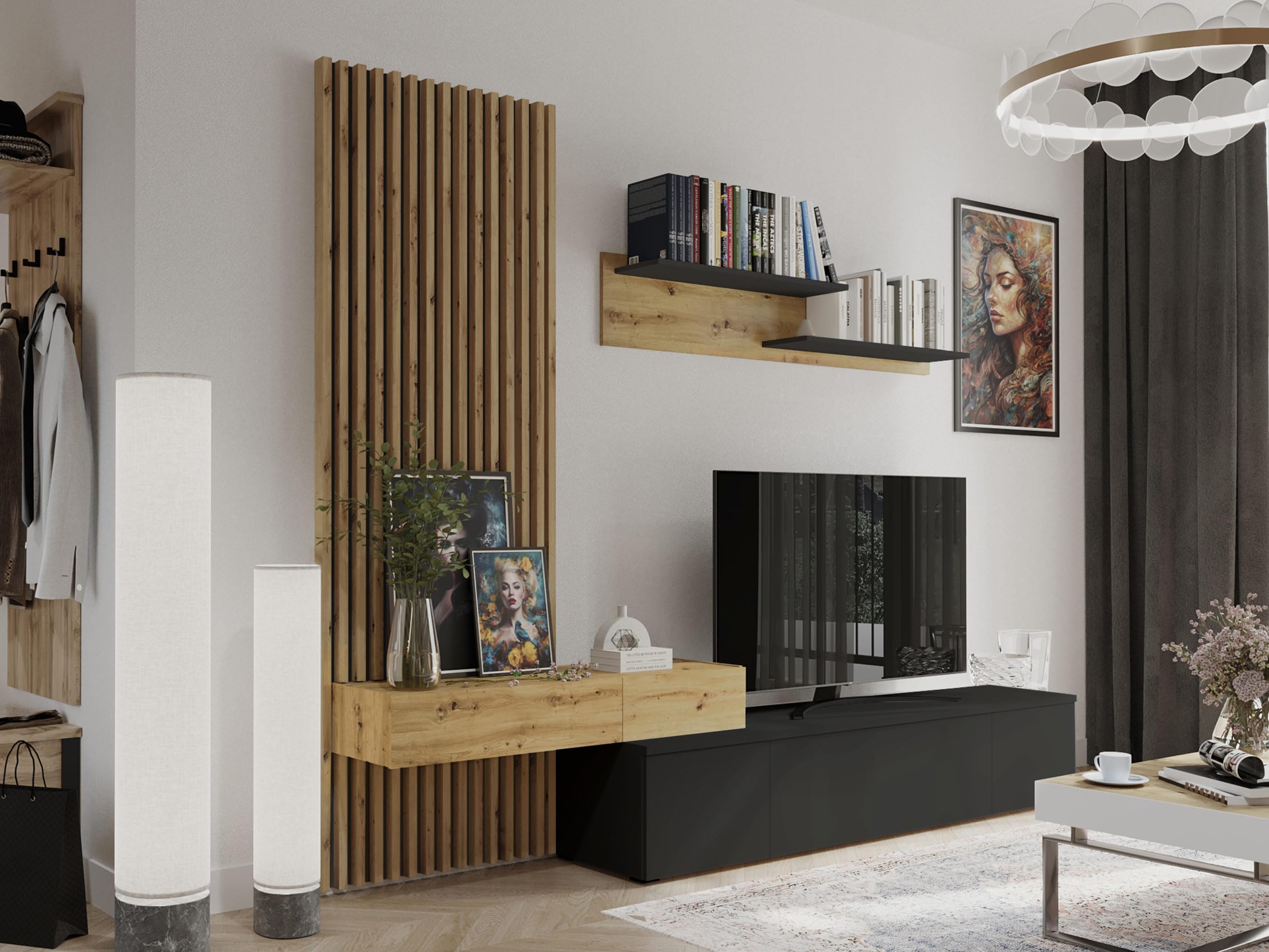 Mirjan24 Wohnwand Rakle Plus, Wohnmöbel, Elegante Wohnzimmer-Set mit dekorative Lamellen, Griffloses Öffnungssystem, Wohnzimmer Kollektion, Stilvolles TV-Lowboard (Schwarz/Artisan Eiche)