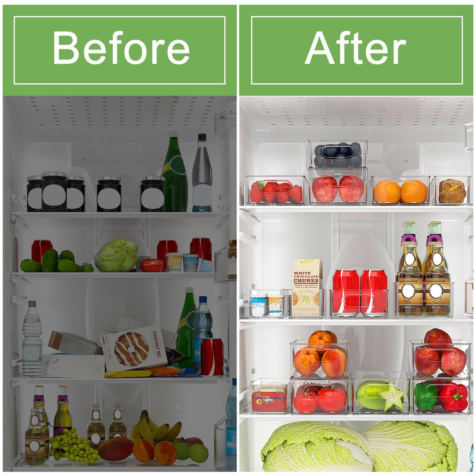 Finew Juego de 12 organizadores para frigoríficos (4 pequeños, 4 medianos, 4 Grandes), recipientes apilables para frigorífico, Caja Transparente para Cocina, despensa, armarios, fregaderos