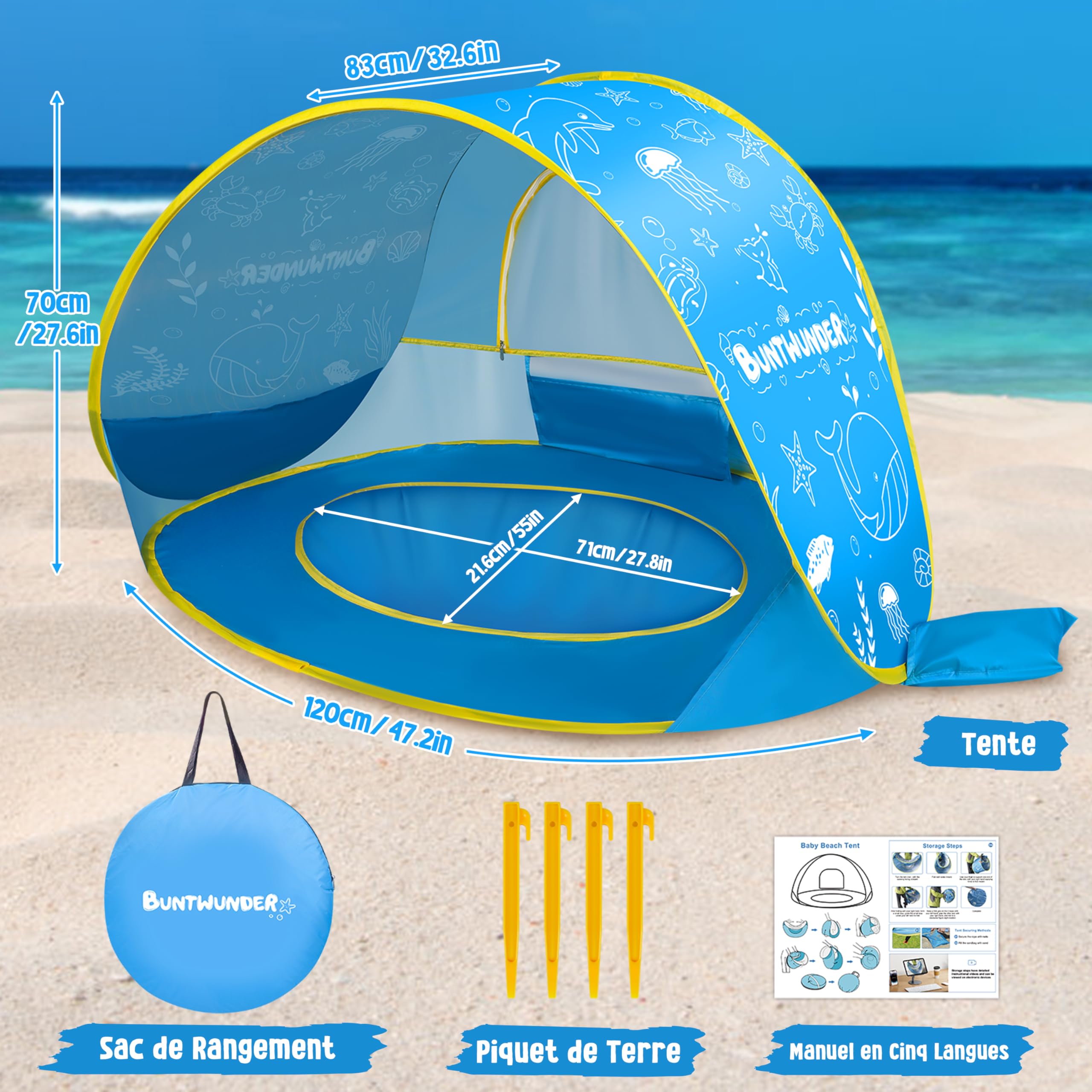 Herenear Grande Tente de Plage Bébé avec Protection UV 50+, Pop Up, Portable, Tente de Plage avec Sac de Transport et piquets pour Maison, Cour, Camping (Bleu)
