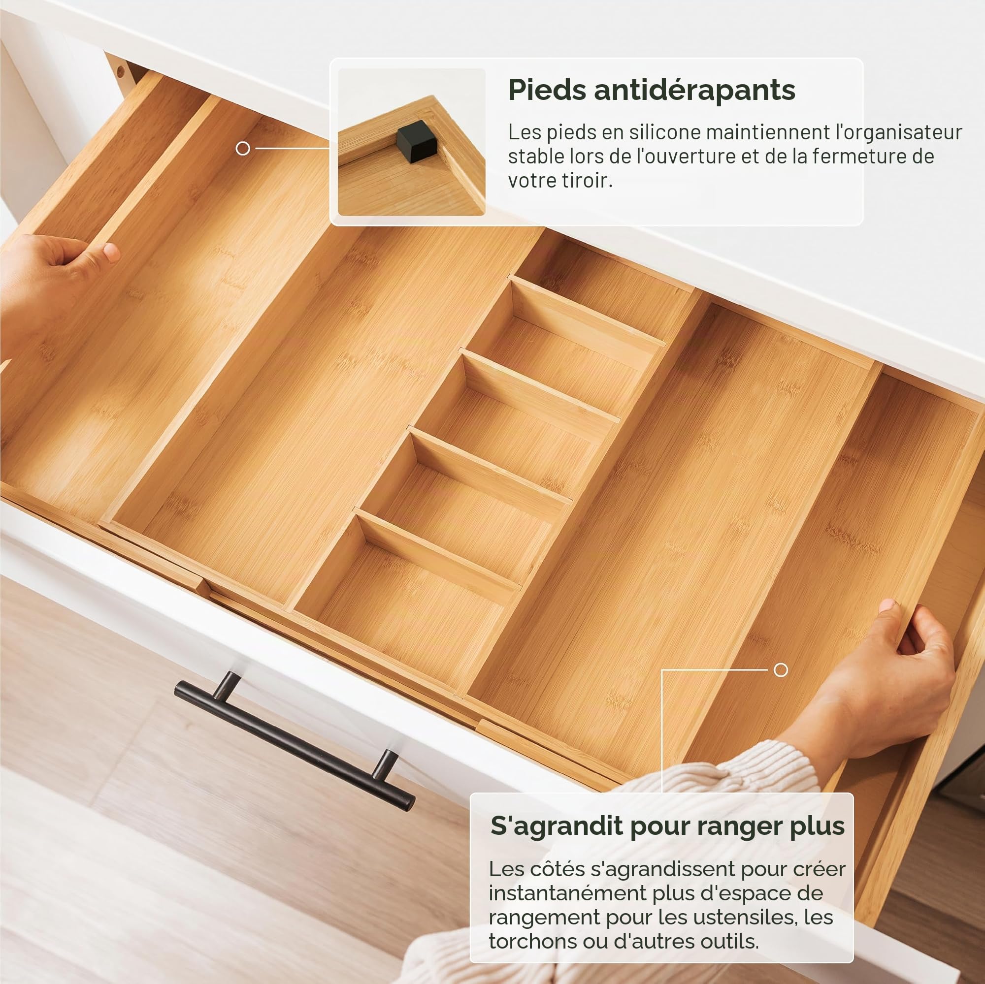 KitchenEdge Organiseur de tiroir de cuisine réglable pour ustensiles et déchets, extensible jusqu'à 83 cm de large, 9 compartiments, 100% bambou