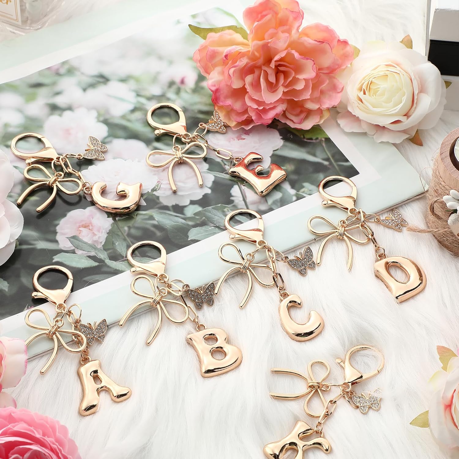 Bubble Initial Keychain with Bow & Butterfly - Gold Letter Bag Charms for Women, Cute Purse Handbag Accessories - Image 6