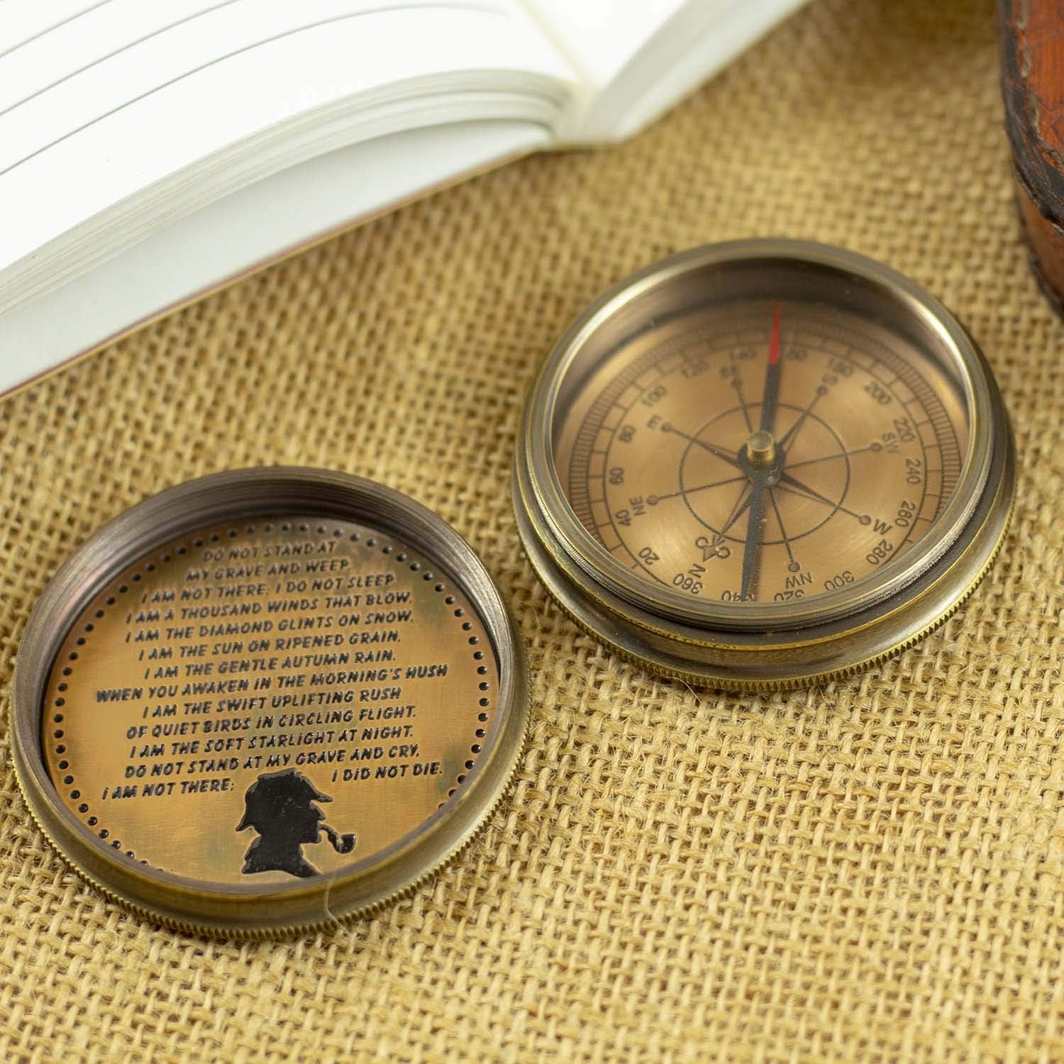 Brass 2.25" Pocket Magnetic Sherlock Holmes Detective Cigar hat Compass Nautical Boat Antique Steampunk Style Sundial Poem Engraved Gifts Directional Pirate Hiking Travel Elegant Leather case