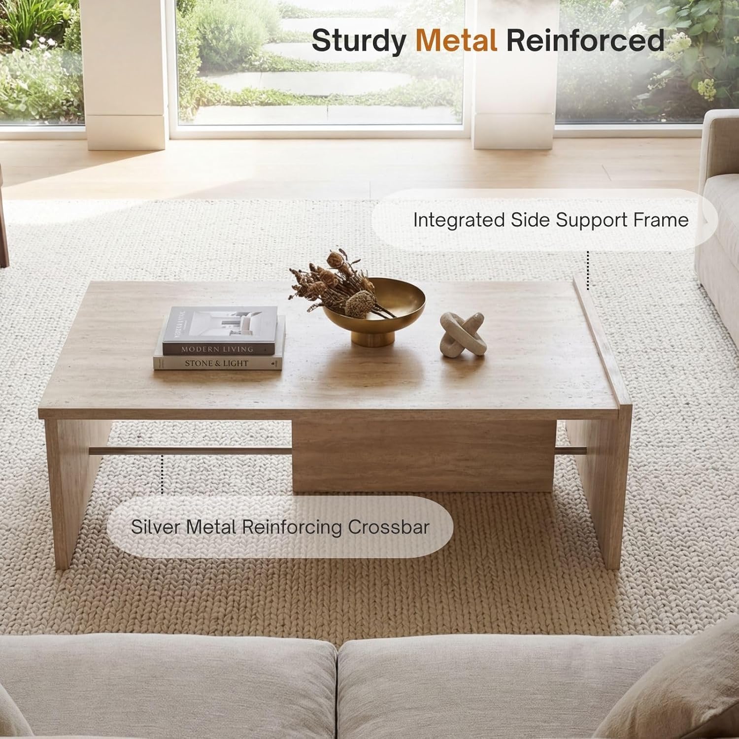 Modern Faux Travertine Look Coffee Table, Rectangular Minimalist Coffee Table with Sturdy Frame, Contemporary Accent Table for Living Room, Office, Apartment, Natural Beige