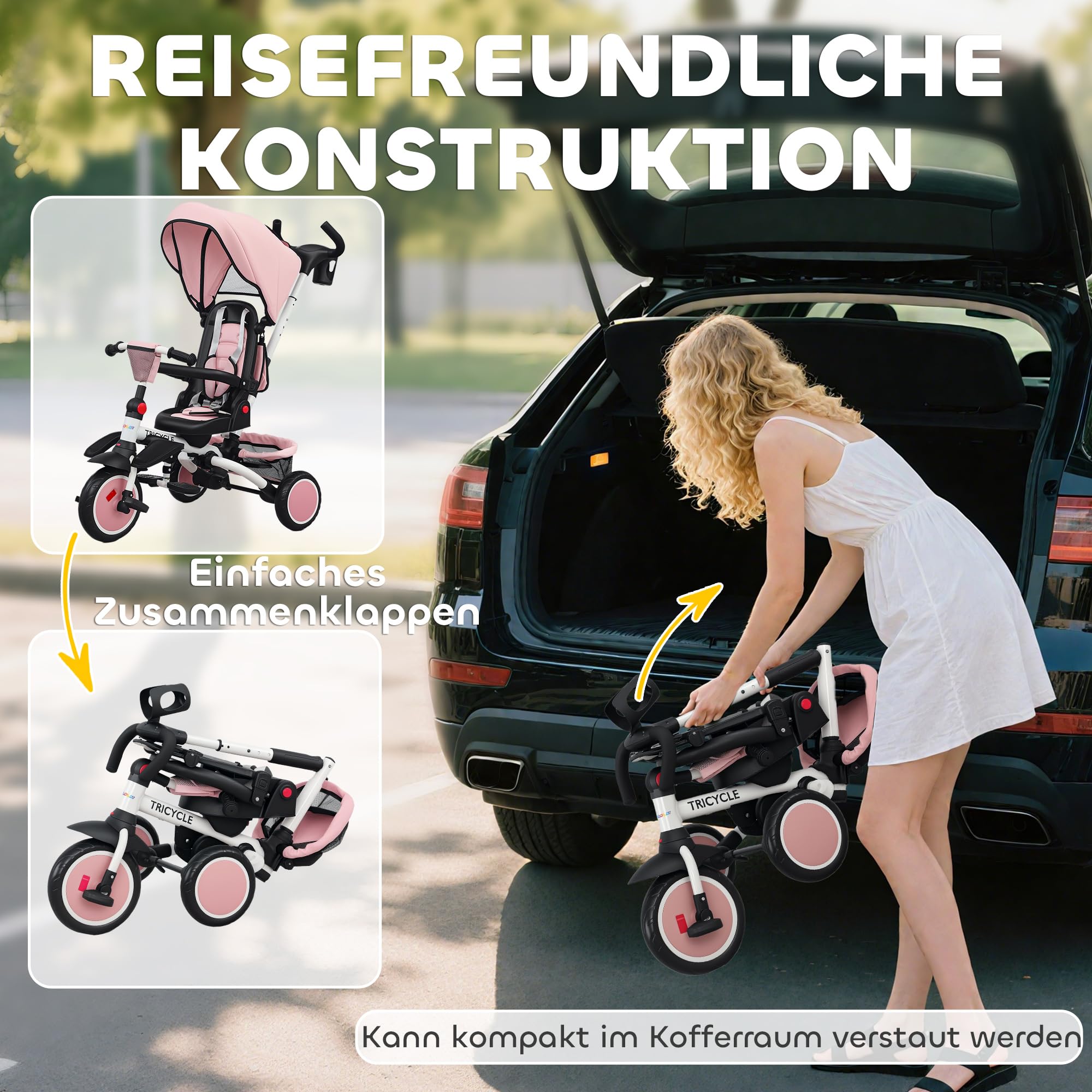 AIYAPLAY Dreirad 6in1 mit Schubstange für 1-5 Jahre Faltbar Kinderdreirad mit drehbarem Sitz, Korb, Tasche, Getränkehalter, klappbar Sonnendach, Sicherheitsgurt Rosa