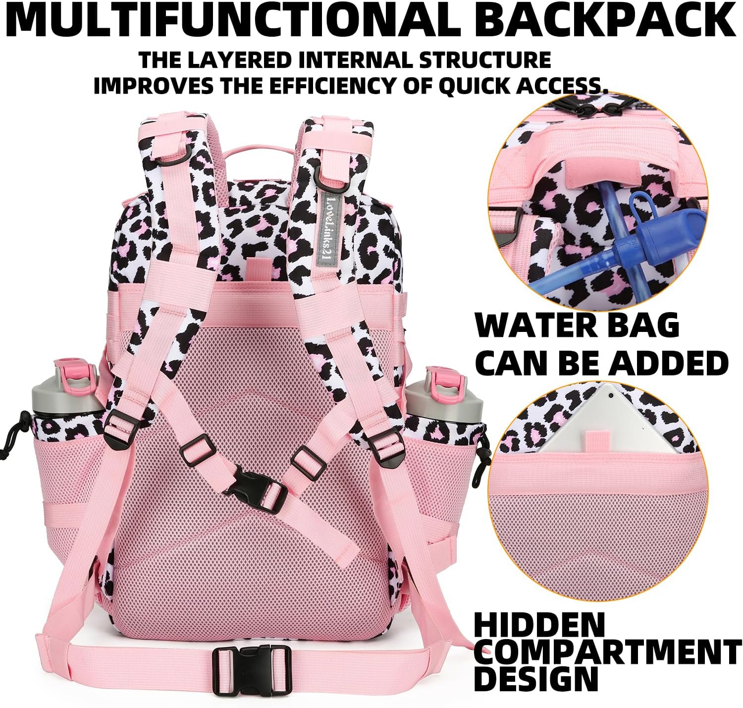 25L Tactical Backpack for Men and Women Military Backpack Small Assault Pack Molle Backpack Bug Out Bag Travel Rucksack Daypack (Pink Leopard) - Image 4