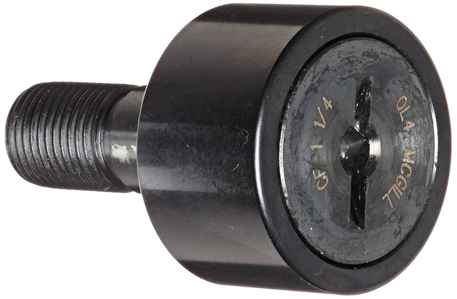 McGill CF1 1/4 Cam Follower, Standard Stud, Unsealed/Slotted, Inch, Steel, 1-1/4" Roller Diameter, 3/4" Roller Width, 1-1/4" Stud Length, 1/2" Thread Size, 2-1/32" Overall Length, 0.500" Stud Diameter