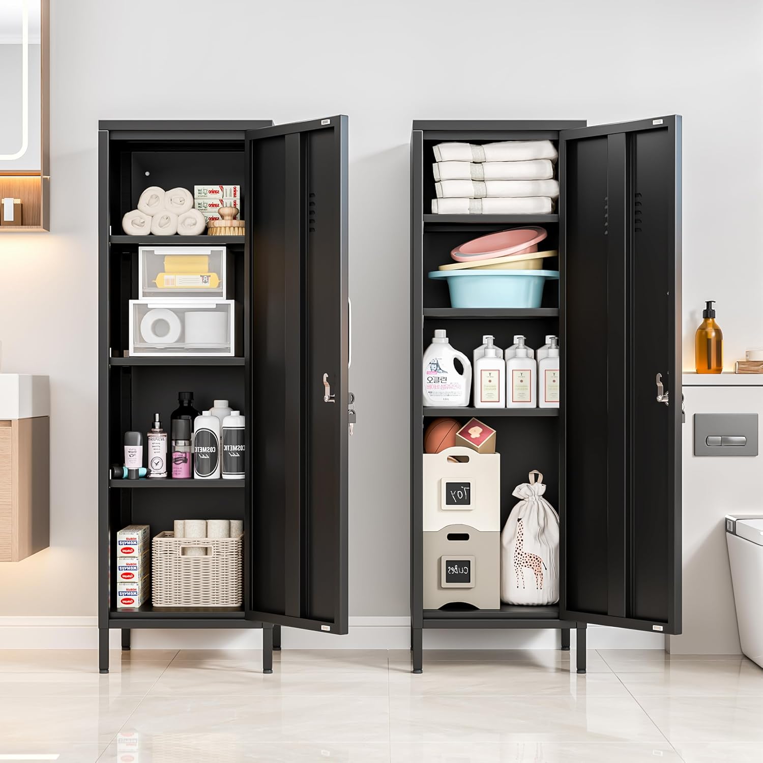 Ckzbx Tall Narrow Storage Cabinet 51.18" H Bathroom Cabinet Metal Pantry Cabinets, 3 Adjustable Shelves for Kitchen, Home Office, Living Room, Dinning Room (Black)