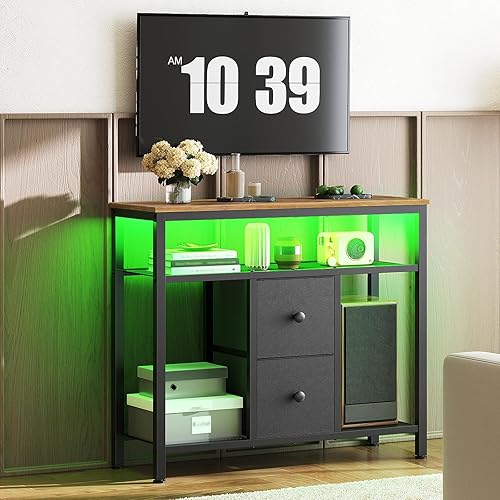 Miniatura 7 de Soporte de TV con luces LED, soporte de TV para aparador, centro de entretenimiento alto con 2 cajones de tela, mesa consola multimedia, para sala