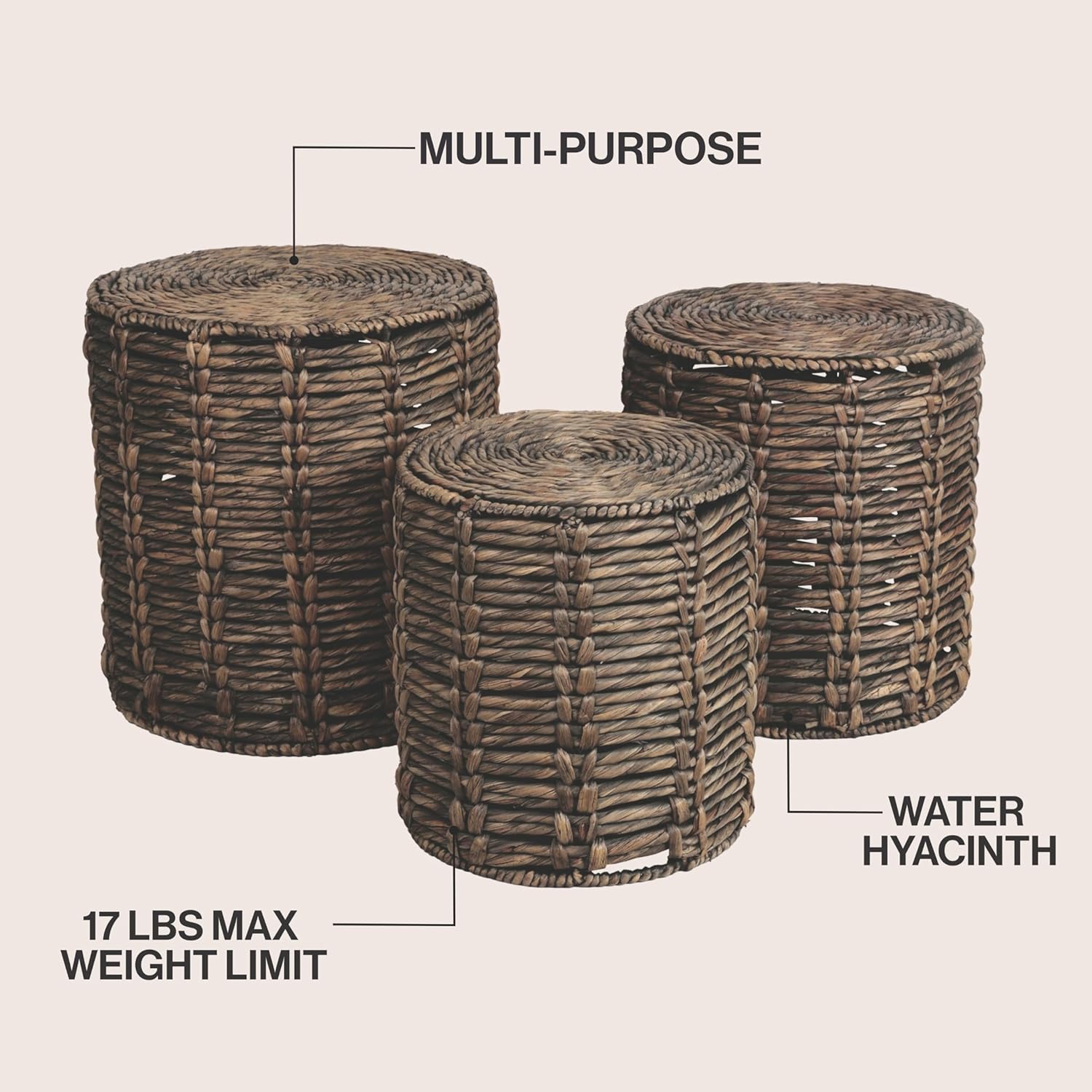 JONATHAN Y Zaria 18" Coastal Bohemian Handwoven Water Hyacinth Nesting Round Accent Table, Brown (Set of 3) (TBL2503B-3SET)