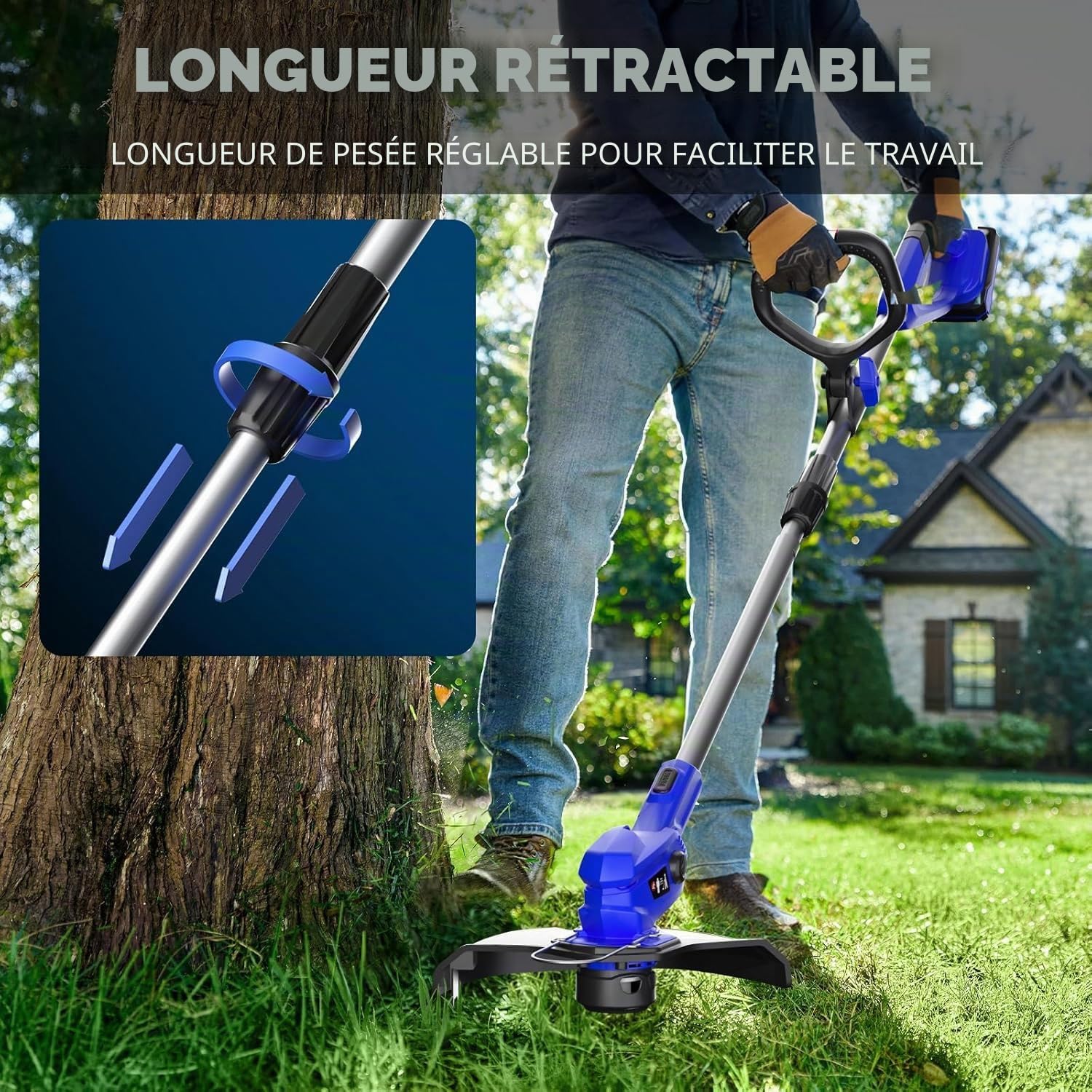 Coupe-Bordure sans Fil avec 2X 2.0Ah Batteries et Chargeur – Débroussailleuse Électrique Ultralégère 1,9kg, Largeur 30cm, 9000RPM, 3 Bobines – Idéal pour Finitions de Pelouse (Bleu Foncé)