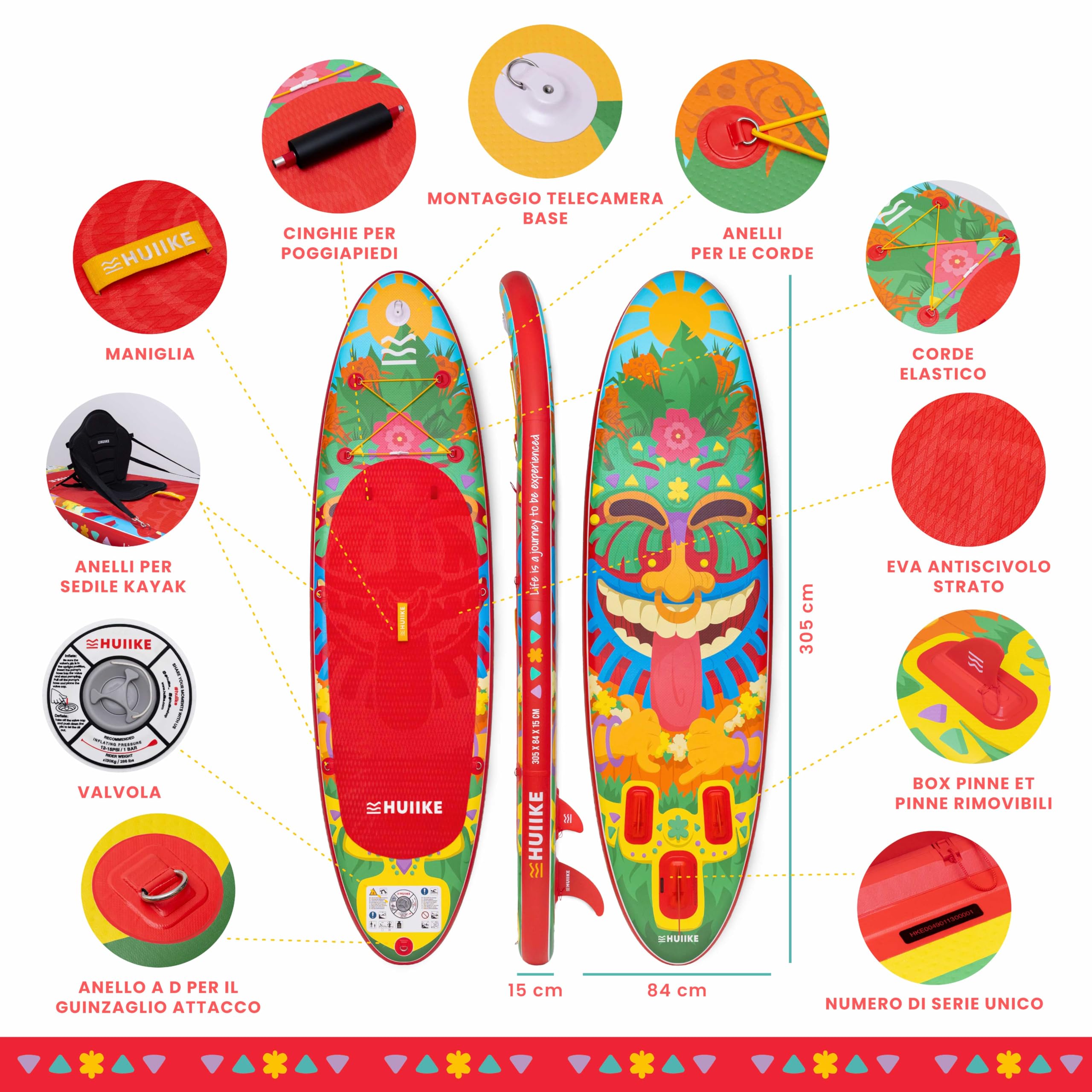 HUIIKE Tavola Sup Gonfiabile Adulti con Accessori Inclusi, Pagaia, Pinne, Pompa. Stand Up Paddle Board con Grande Stabilità e Resistenza. 305 x 84 x 15 cm, Carico Massimo 130 kg