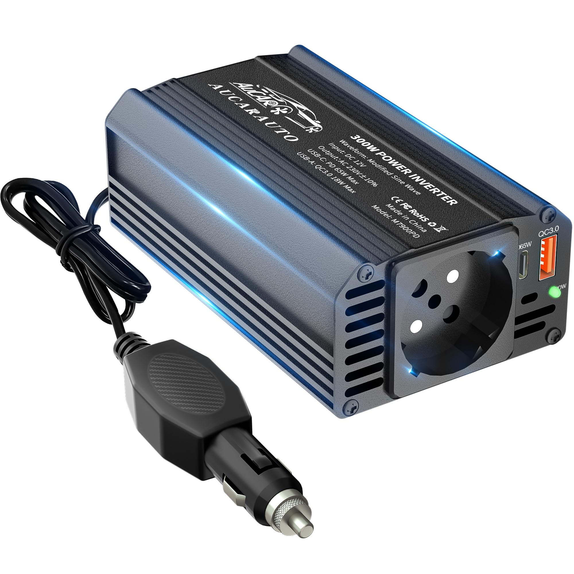 AUCARAUTO Upgrade 300W Spannungswandler, Wechselrichter 12V auf 230V Stromumwandler mit PD 65W & QC3.0 18W USB kfz ladegerät und Auto Steckdose, Laden Sie Ihr Laptop, iPad, iPhone Und Mehr - Schwarz