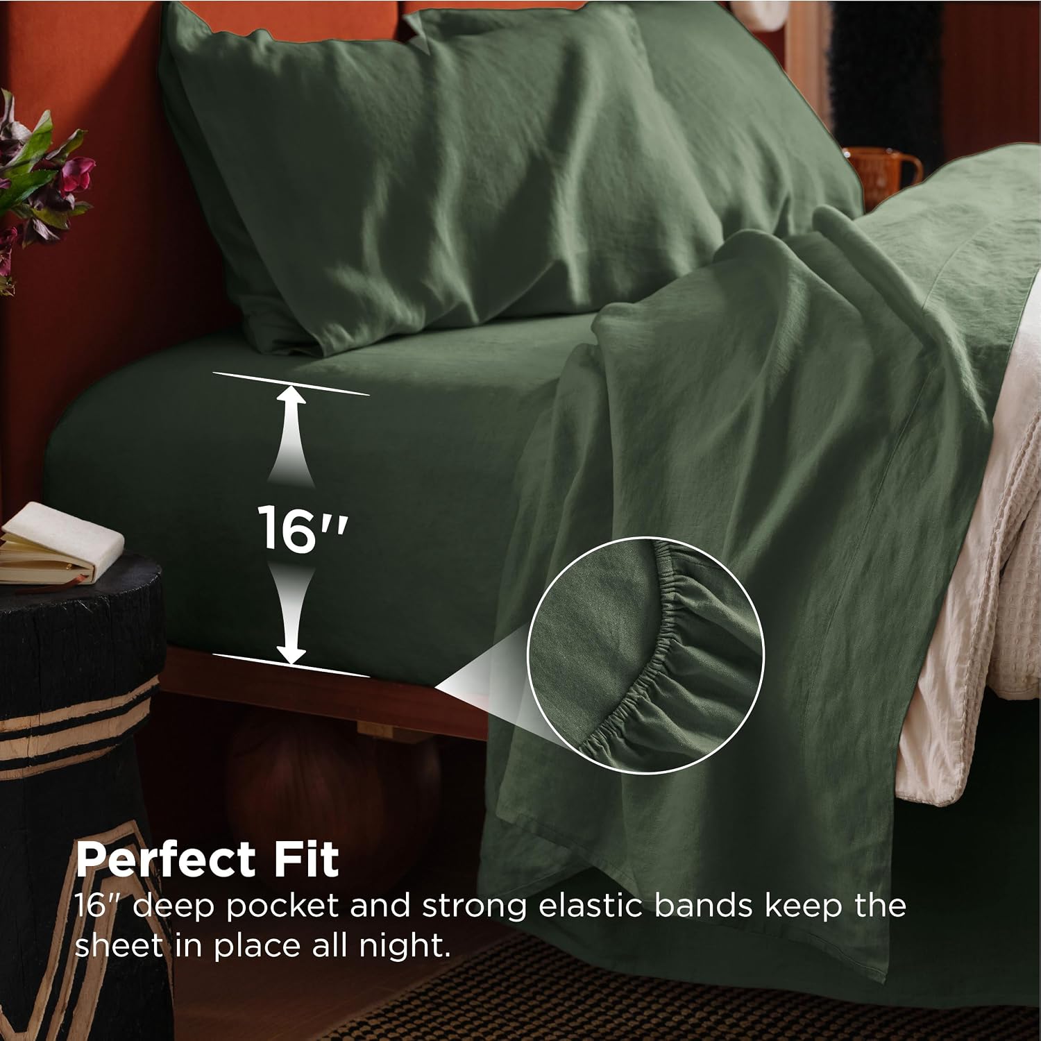 Bedsure Queen Bed Sheets - Cotton Linen Sheet Set, PureWoven Soft, Breathable & Anti - Pilling, Deep Pocket Queen Fitted Bedsheets Up to 16 Inches, 4 Pieces, Olive Green