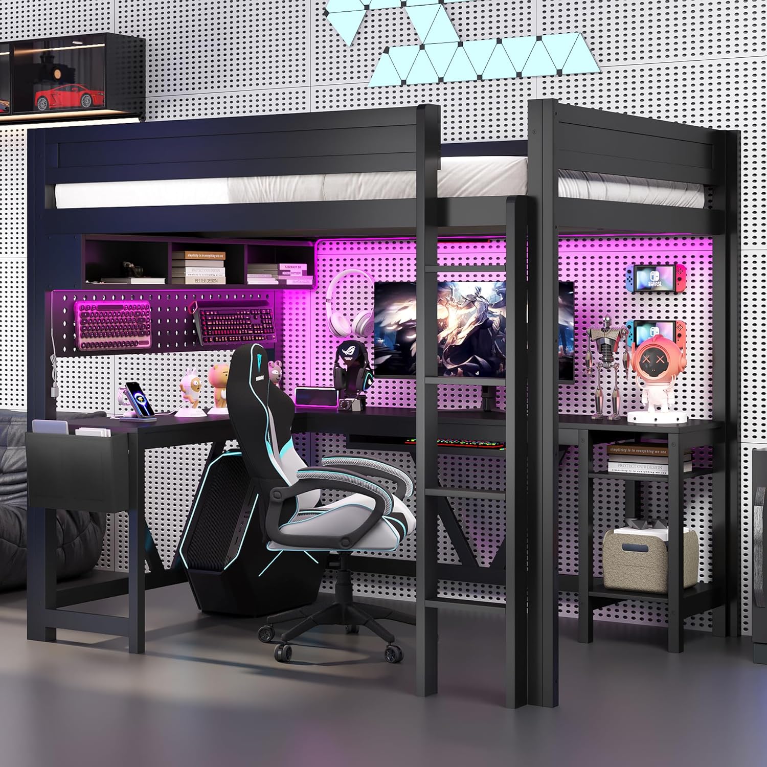 Merax Full Size Gaming Loft Bed with L Shape Desk and Storage Shelves, Sturdy Wood Loft Bed Frame with Charging Station & 7-Color Lights, No Box Spring Needed, Space-Saving, Noise Free, Black