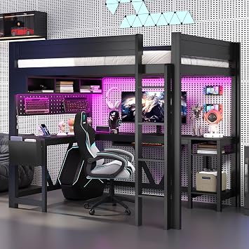 Merax Full Size Gaming Loft Bed with L Shape Desk and Storage Shelves, Sturdy Wood Loft Bed Frame with Charging Station & 7-Color Lights, No Box Spring Needed, Space-Saving, Noise Free, Black