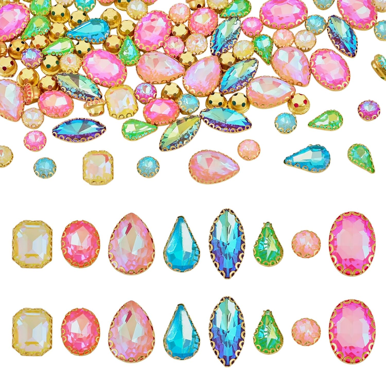 Kissitty 100Pcs Glass Sew On Rhinestones,Mixed Style Faceted Crystals Rhinestones for Crafting,Colorful Glass Flatback Rhinestone for Clothes DIY Crafts Dress Shoes Bag Costume Garment Decorations