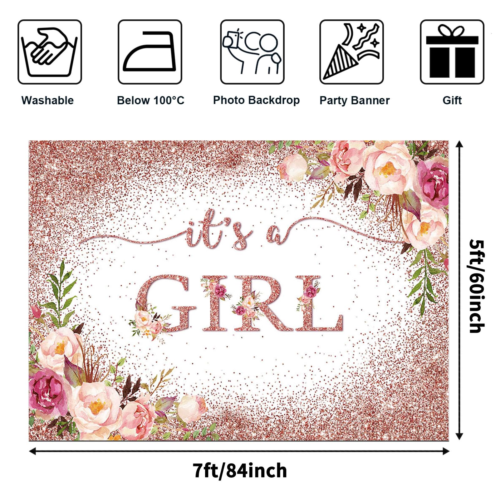 Avezano Rose Gold Baby Shower Backdrop for Girls Party Blush Pink Floral It's a Girl Photography Background Glitters Confetti Decoration Photoshoot Events Banner (7x5ft)