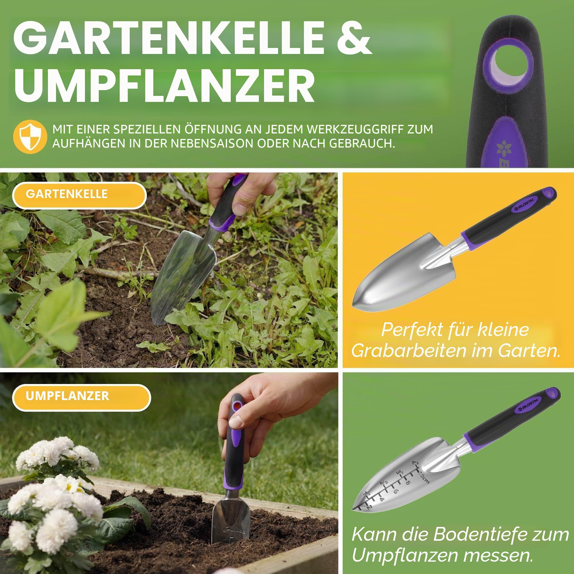 BLOSTM Gartenwerkzeug-Set, 11-teilig, robustes Gartengeräte-Set mit wasserdichter Tragetasche, rostfreies Gartenkellen-Set mit ergonomischen Griffen, Gartengeschenke für Männer und Frauen (lila