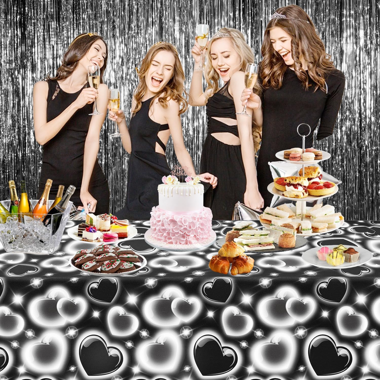 4 Pcs 2000s Tablecloth Cholo Black Heart Table Cloth 51x86inch Y2k Party Decoration Heart Table Decor for Retro Theme Birthday Christmas Valentines Party Supplies image 4