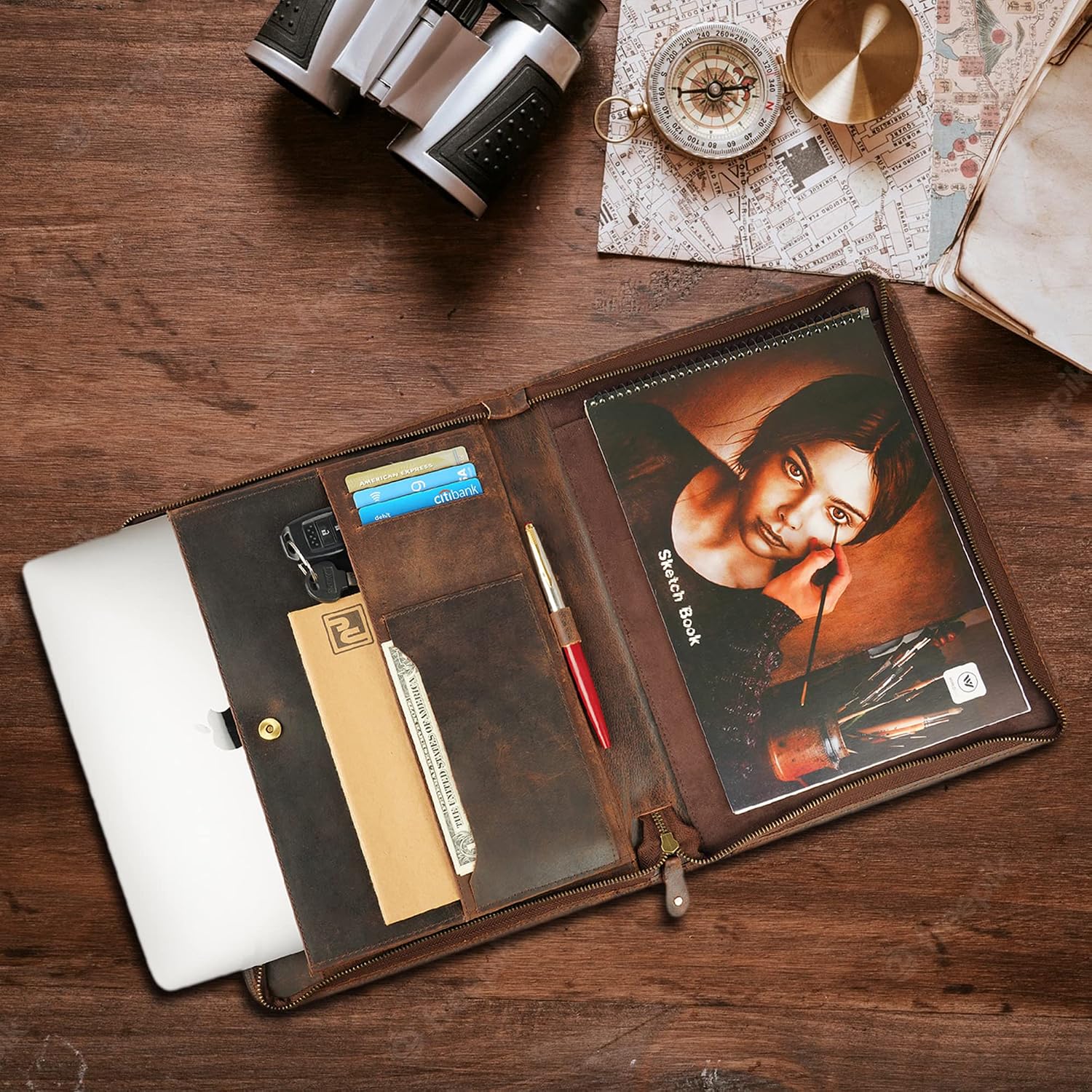 Genuine Leather Padfolio Zipper Portfolio with 13 Inch Laptop Pocket, Professional Business Organizer for Documents, Cards & Writing Pad, A4/Letter Size Portfolio Folder