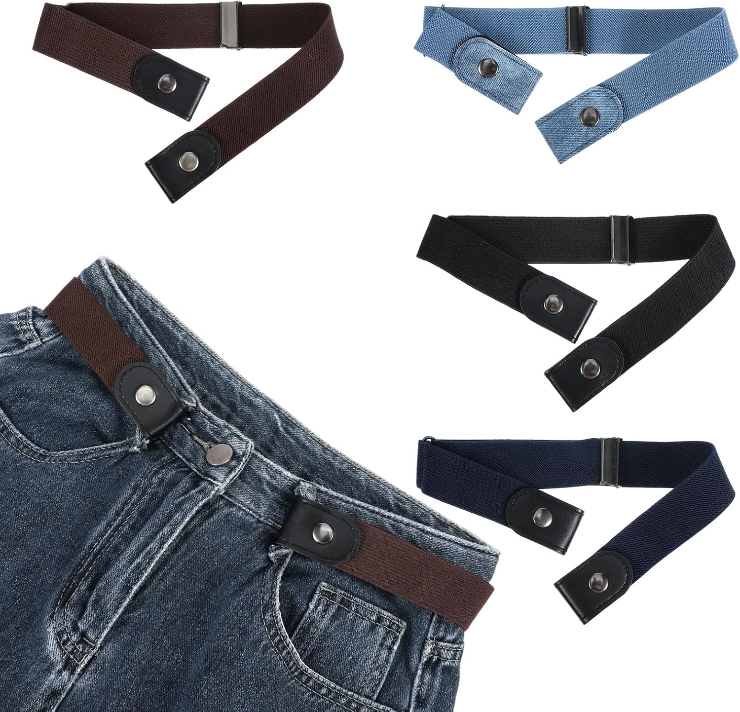 4Pcs No Buckle Stretch Belts for Toddler, 4 Colors Adjustable Elastic Kids Belt for Girls Boys, Comfortable Buckle Free Toddler Belt, for Jeans Pants Skirts (Light Blue, Navy Blue, Brown, Black)