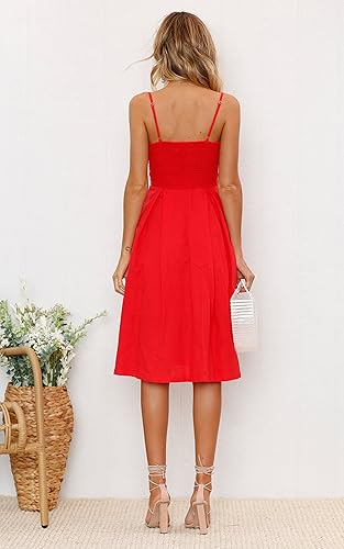 Miniatura 6 de ECOWISH - Vestido de verano con tirantes delgados y cuello en V para mujer, vestido de diseño acampanado, con botones, nudo frontal, espalda