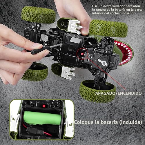 Vista 5 de Auto de dinosaurio a control remoto para niños y niños, camión de dinosaurio de control remoto todo terreno de 2.4Ghz con luz, recargable 4WD Verde